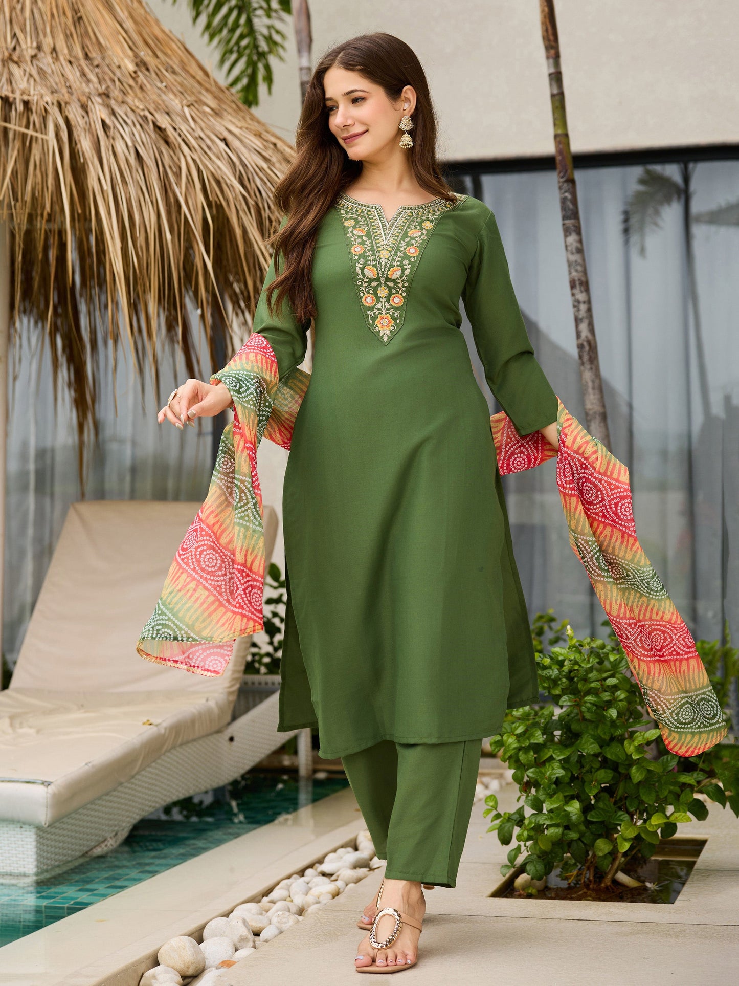 The52 Women's Gorgeous Rayon Embroidery work Straight Kurta with Pant and Dupatta Set - Swadesiicart