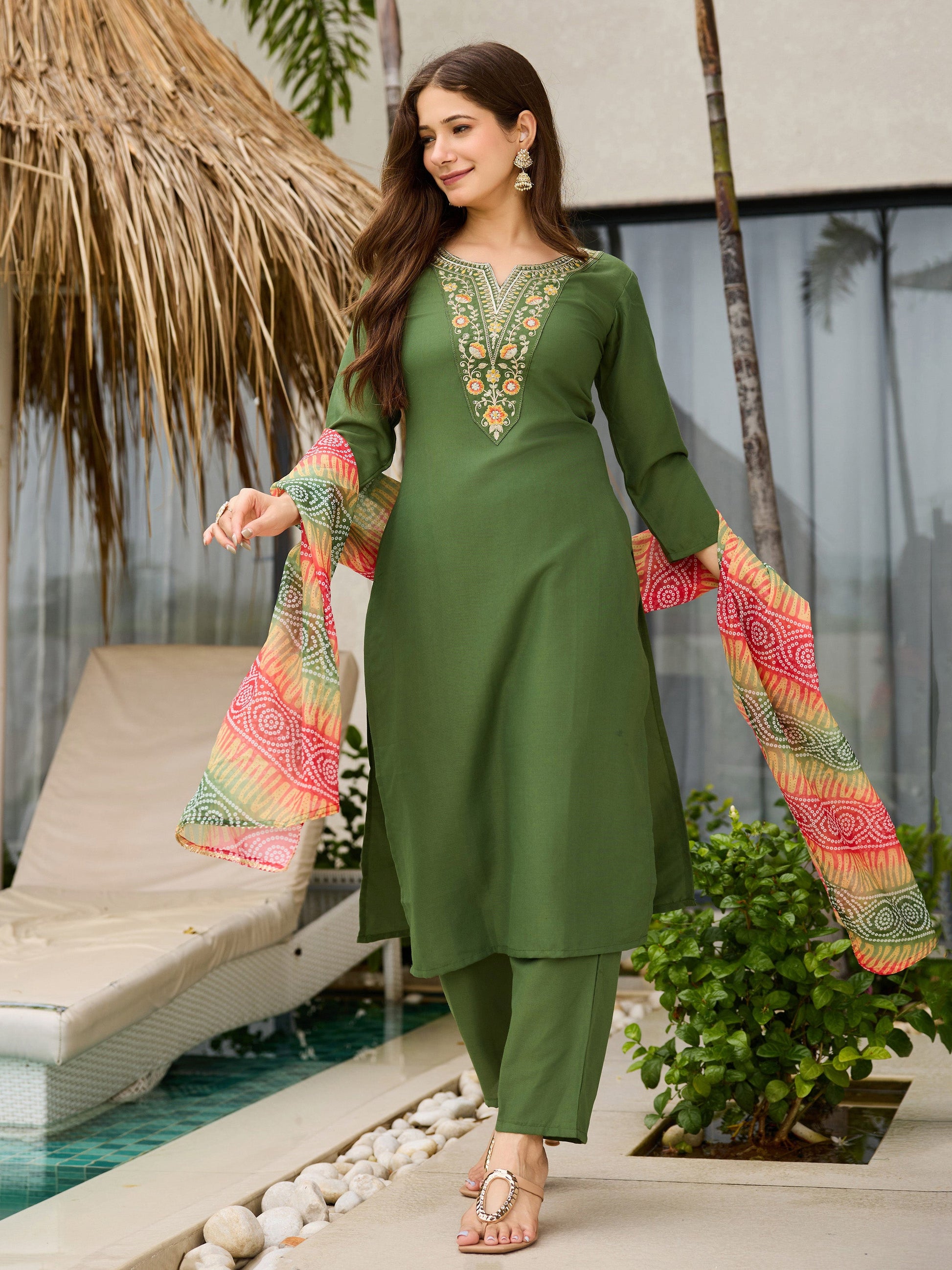 The52 Women's Gorgeous Rayon Embroidery work Straight Kurta with Pant and Dupatta Set - Swadesiicart