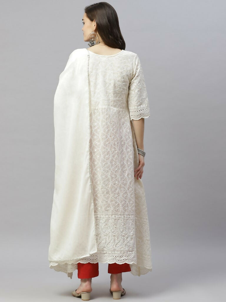 Miravan Women's Beige Embroidered Chikankari Kurta & Dupatta | Swadesiicart