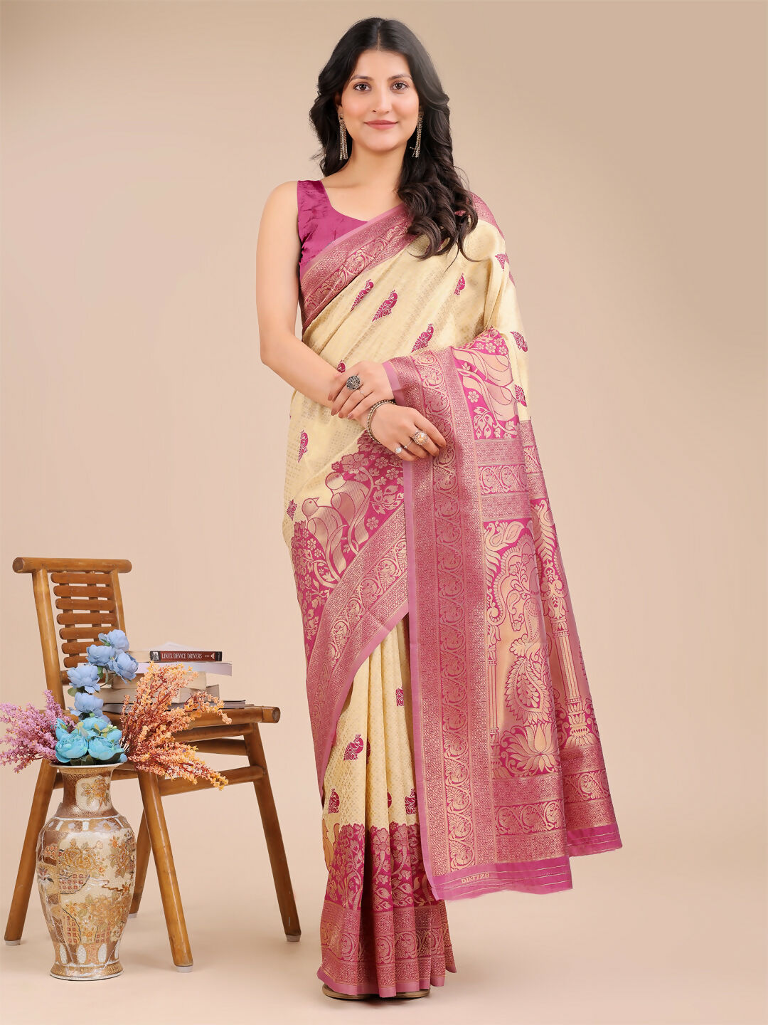 Astita Banarasi Silk Cream & Magenta Saree | Swadesiicart