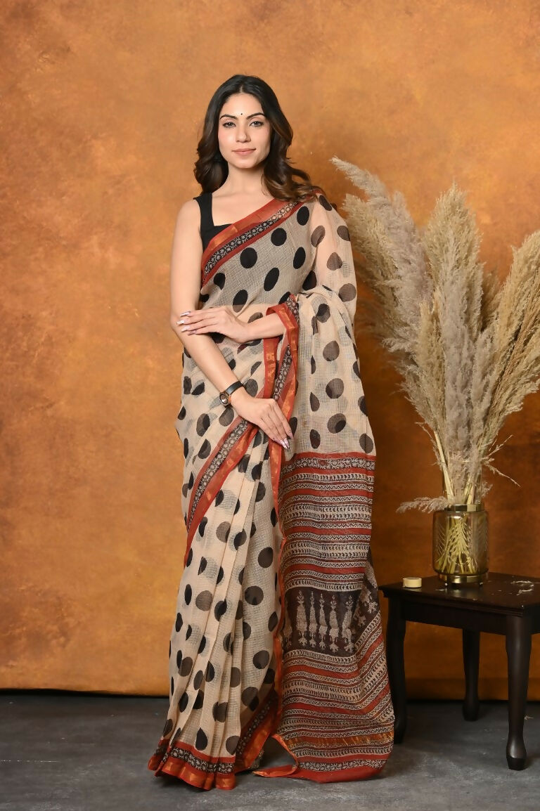 Very Much Indian Handblock Printed Cotton Saree With Natural Dyes - White | Swadesiicart