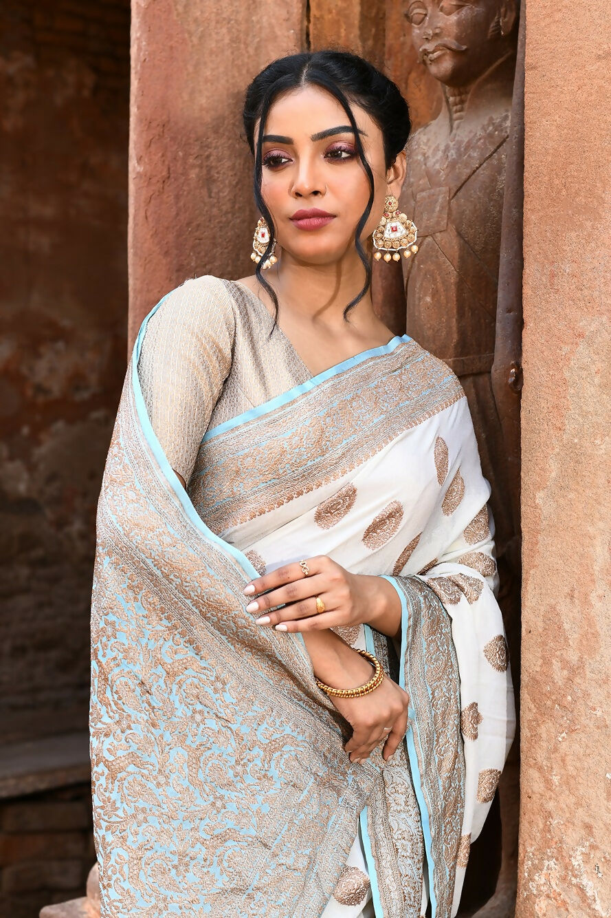 Joban Fashion Light Sky Blue Crepe Chiffon Pure Handloom Banarasi Silk Saree | Swadesiicart