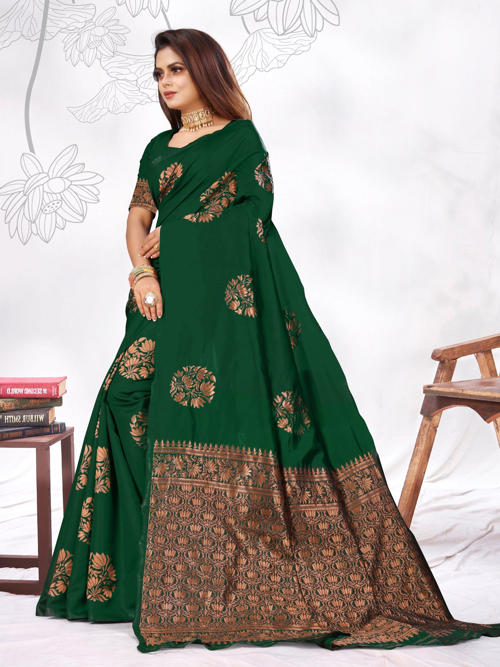 Vedant Vastram Litchi Silk Designer Banarasi Saree - Green | Swadesiicart