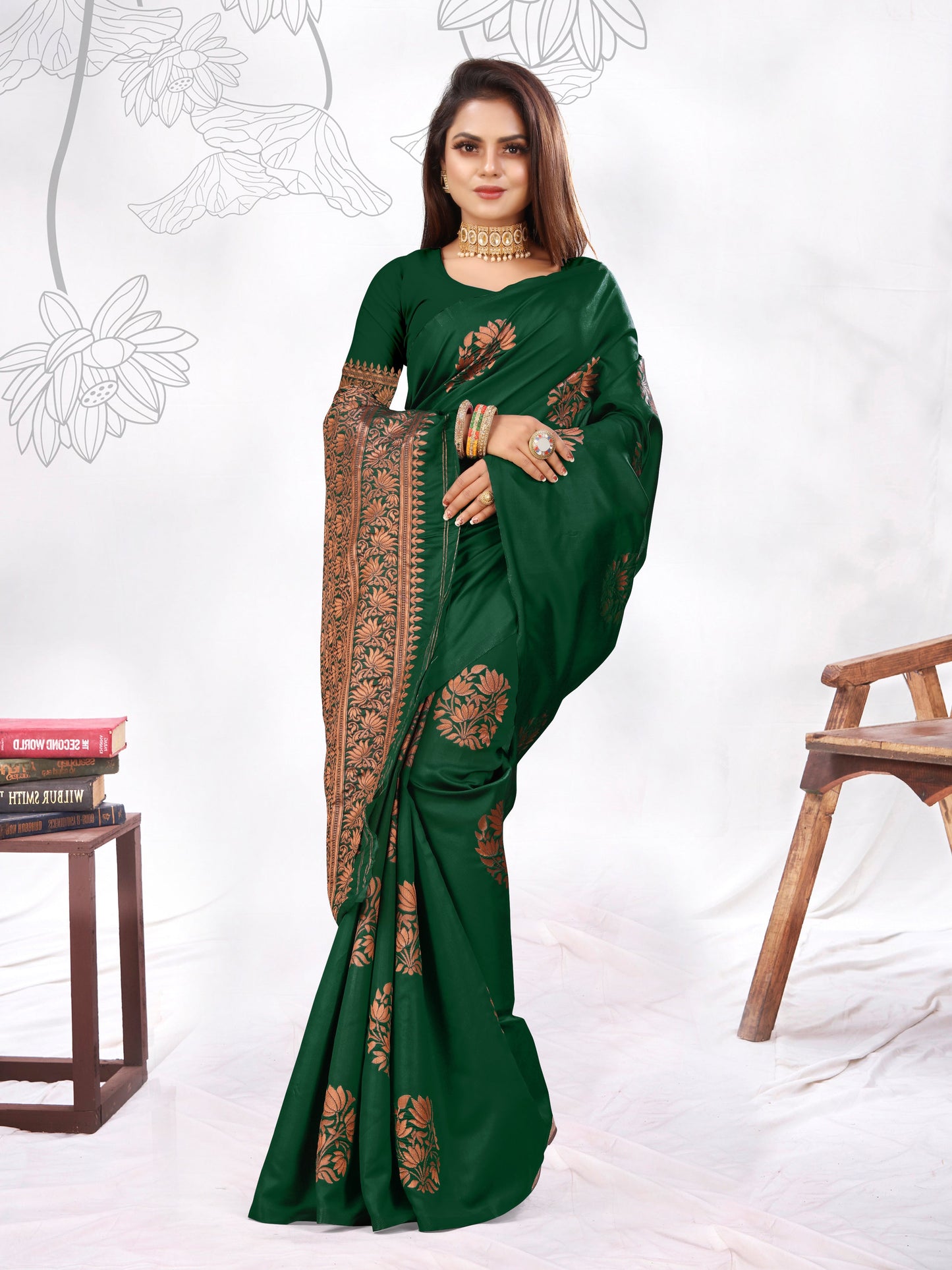 Vedant Vastram Litchi Silk Designer Banarasi Saree - Green | Swadesiicart