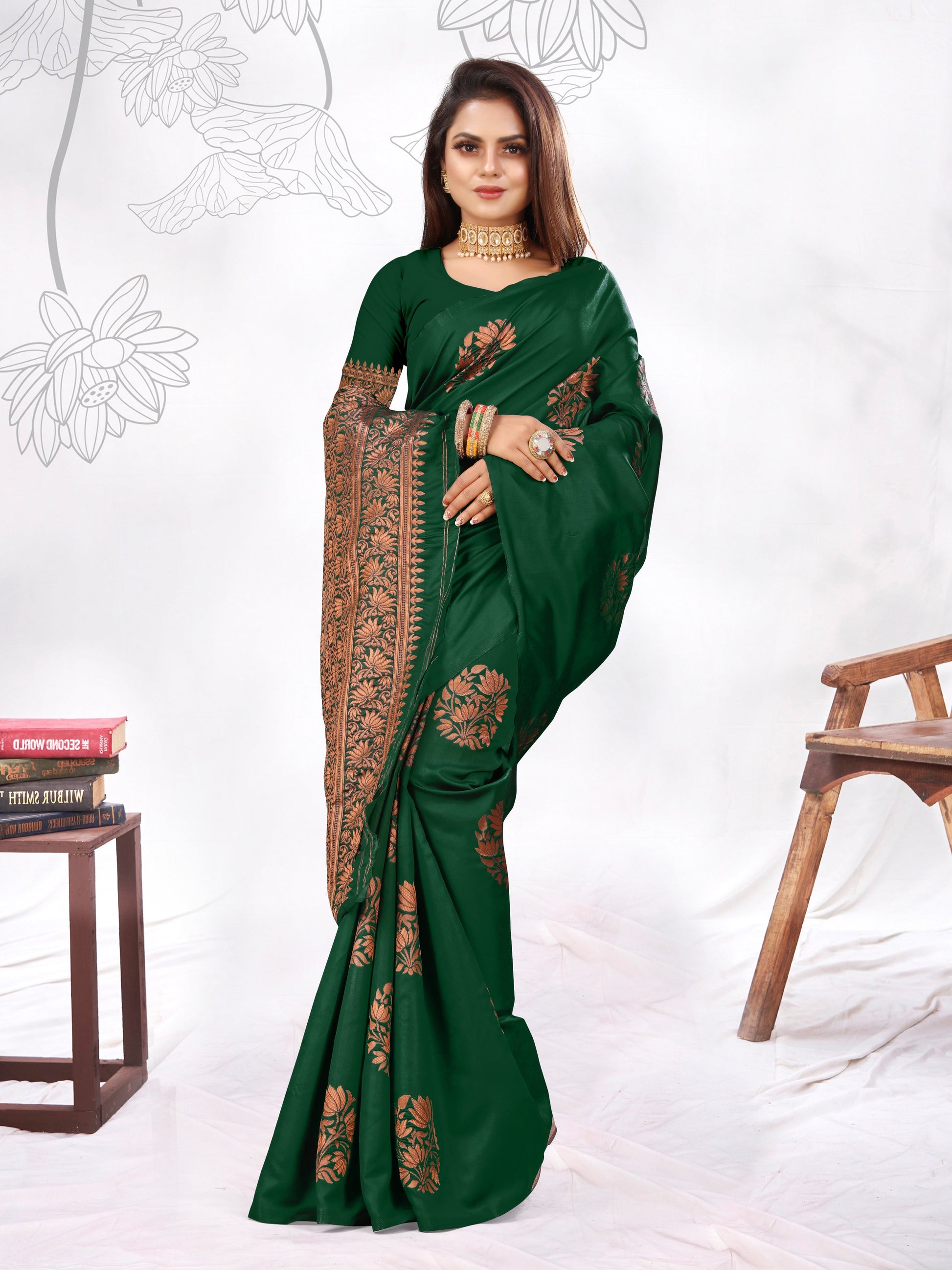 Vedant Vastram Litchi Silk Designer Banarasi Saree - Green | Swadesiicart
