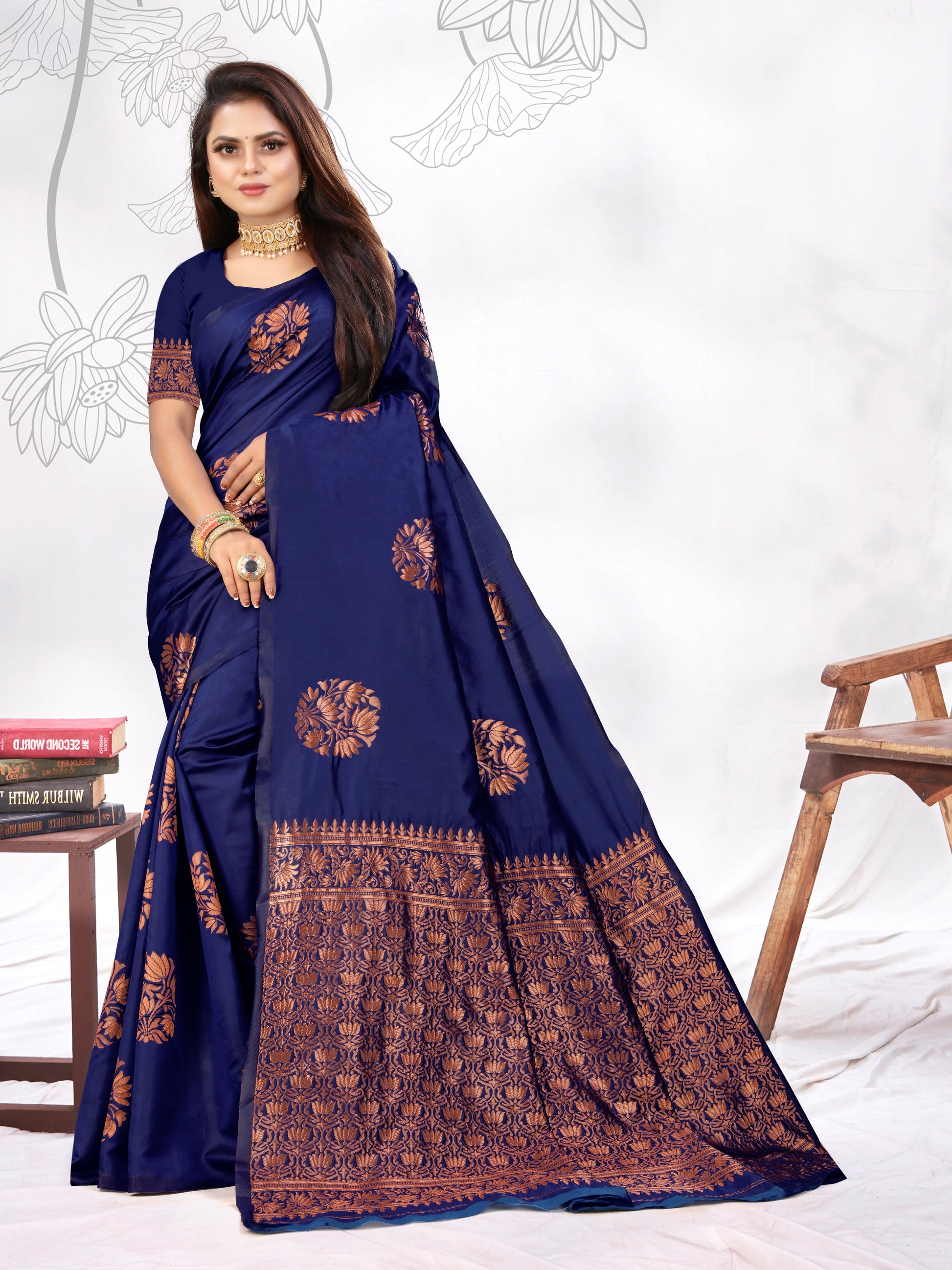 Vedant Vastram Litchi Silk Designer Banarasi Saree - blue | Swadesiicart