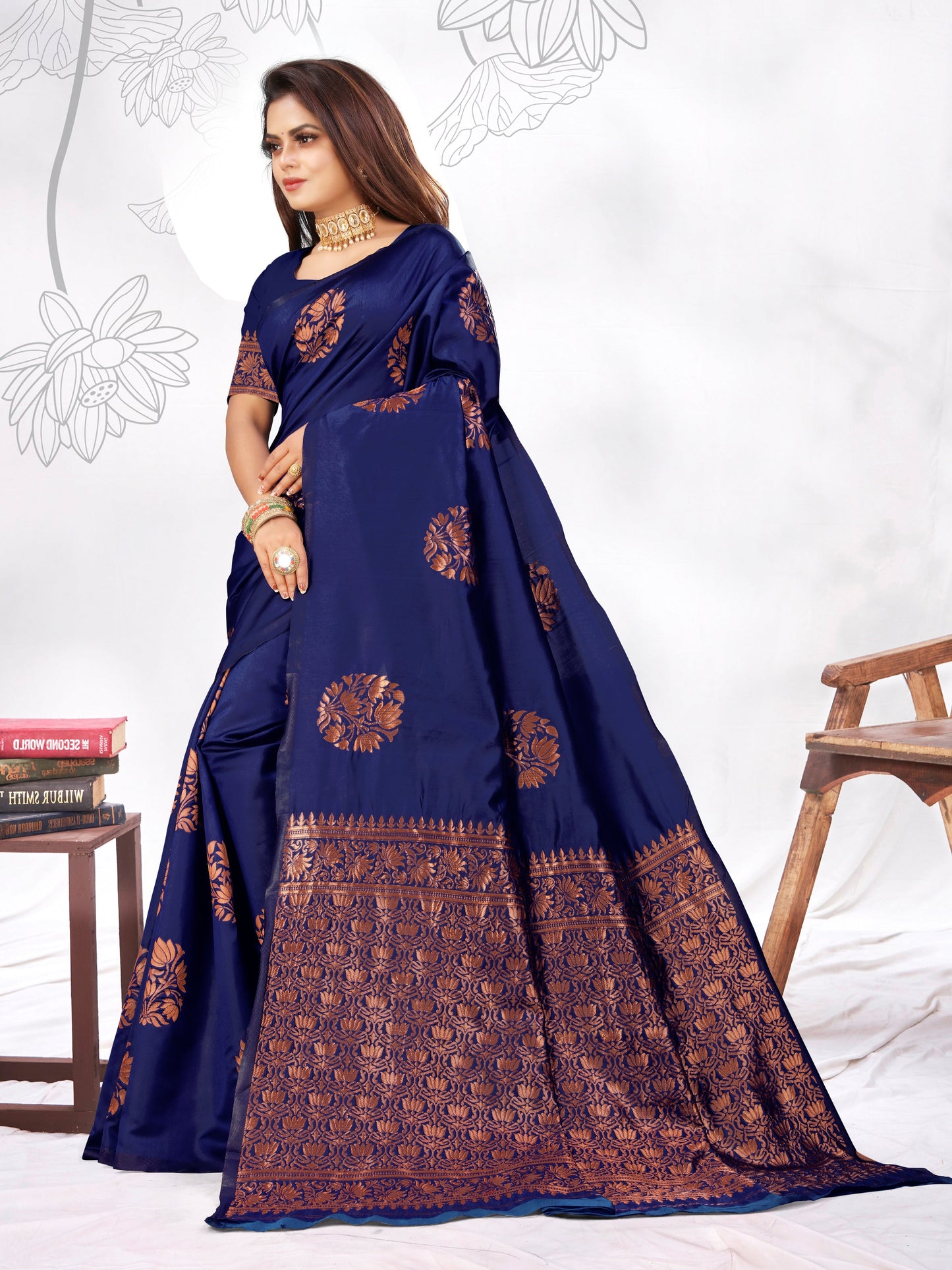 Vedant Vastram Litchi Silk Designer Banarasi Saree - blue | Swadesiicart