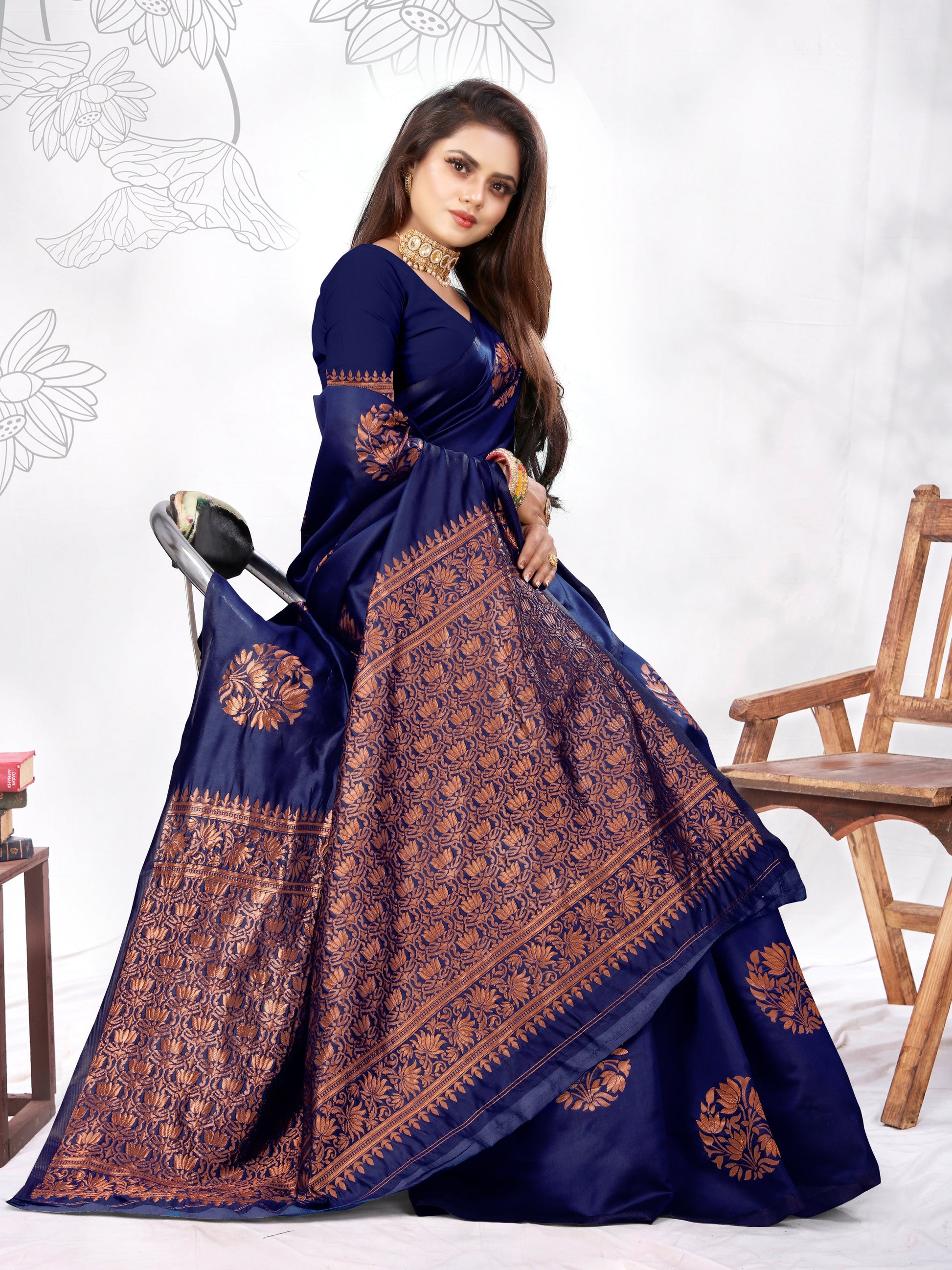 Vedant Vastram Litchi Silk Designer Banarasi Saree - blue | Swadesiicart