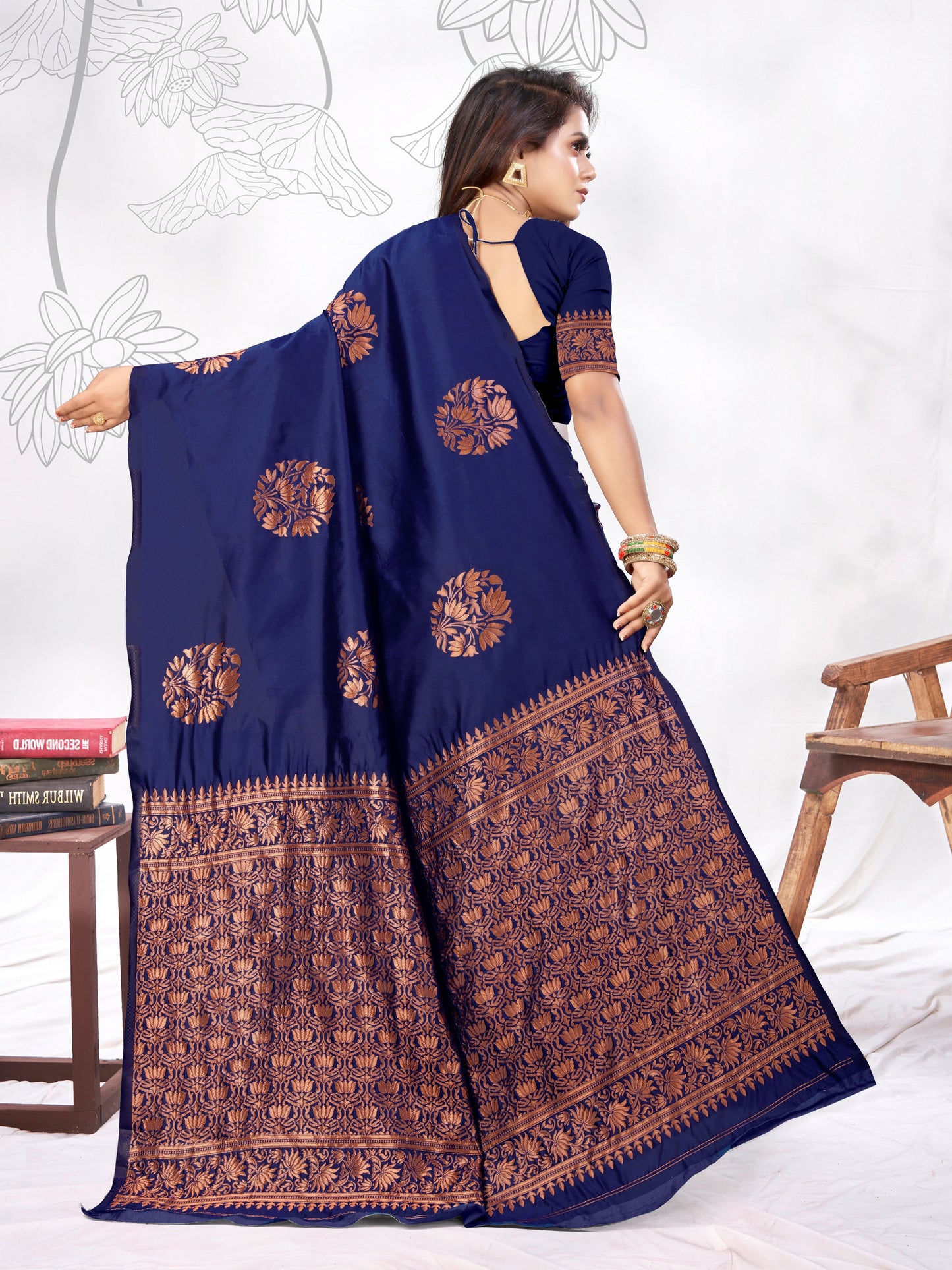 Vedant Vastram Litchi Silk Designer Banarasi Saree - blue | Swadesiicart