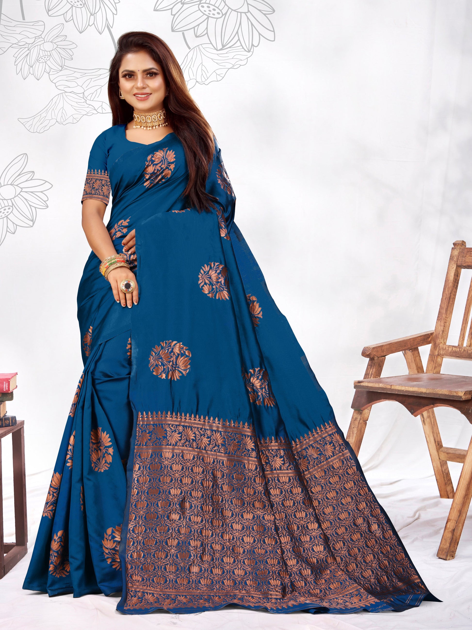 Vedant Vastram Litchi Silk Designer Banarasi Saree - Rama | Swadesiicart