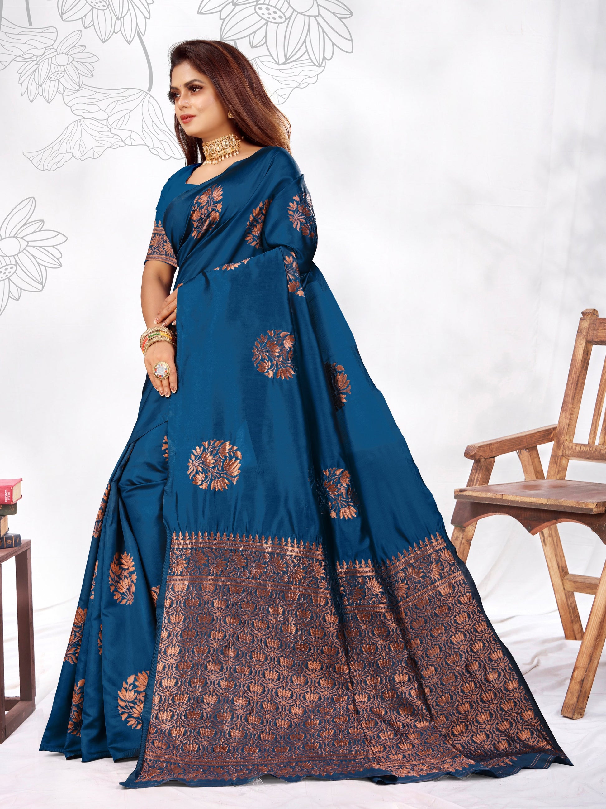Vedant Vastram Litchi Silk Designer Banarasi Saree - Rama | Swadesiicart