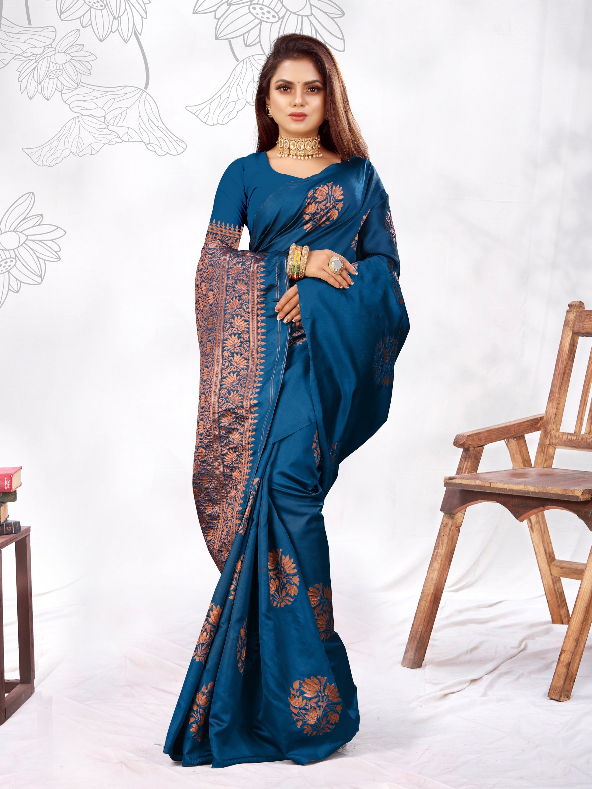 Vedant Vastram Litchi Silk Designer Banarasi Saree - Rama | Swadesiicart