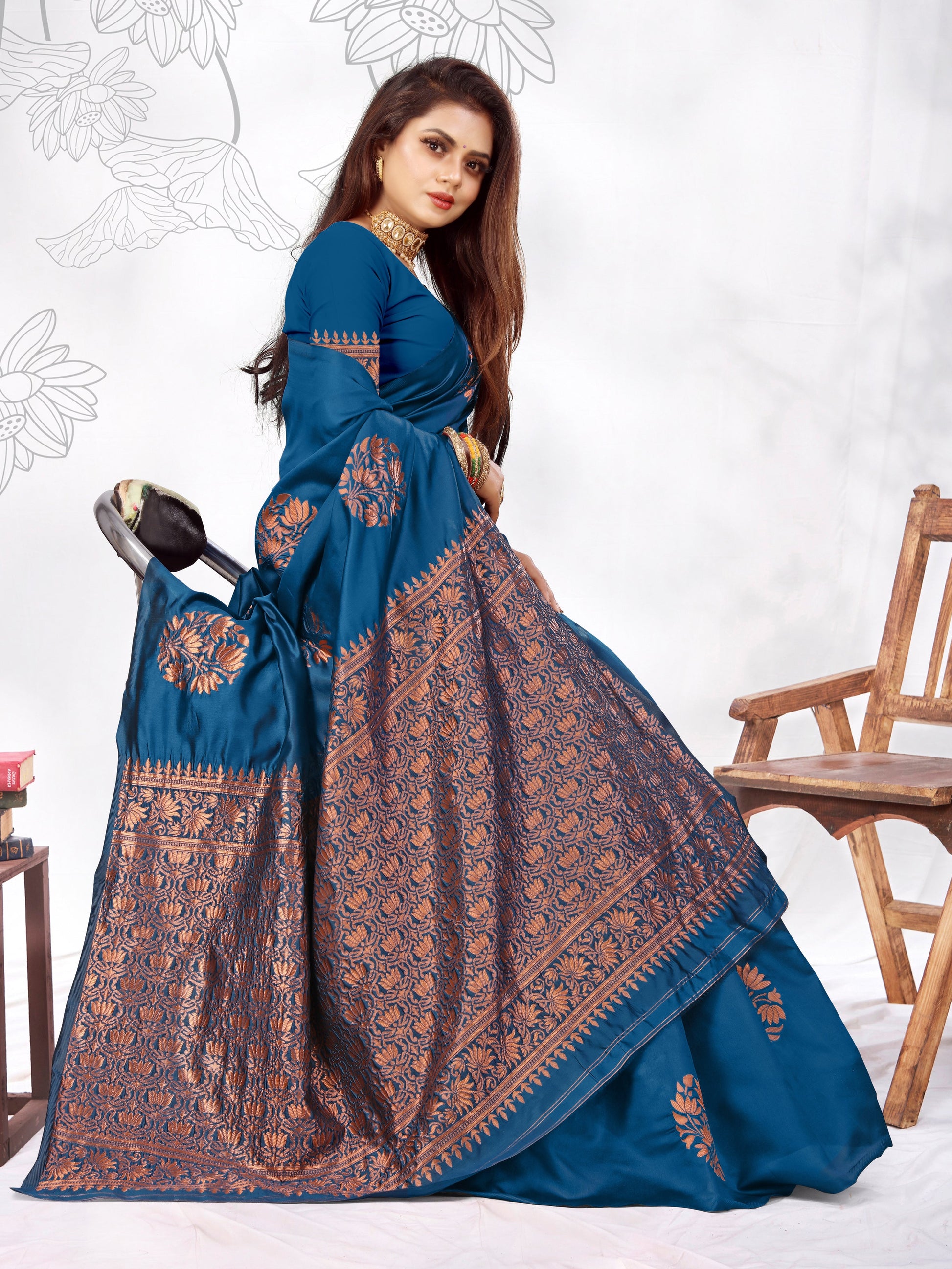 Vedant Vastram Litchi Silk Designer Banarasi Saree - Rama | Swadesiicart