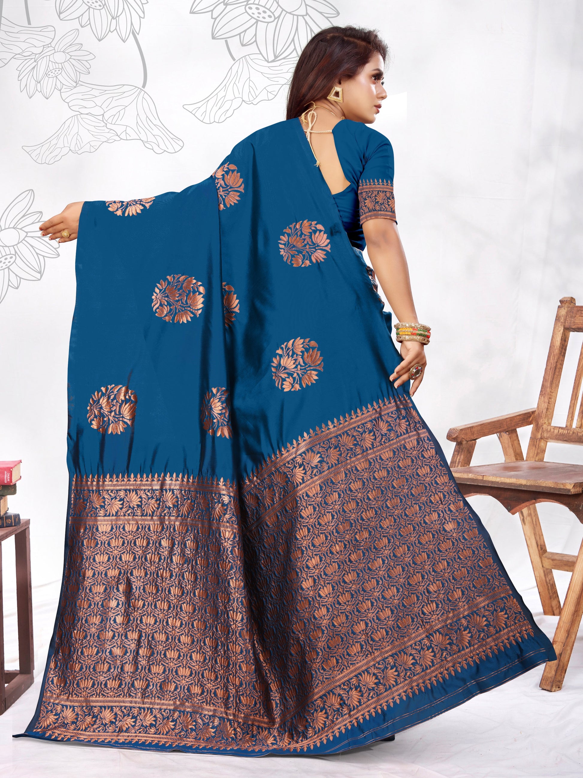 Vedant Vastram Litchi Silk Designer Banarasi Saree - Rama | Swadesiicart