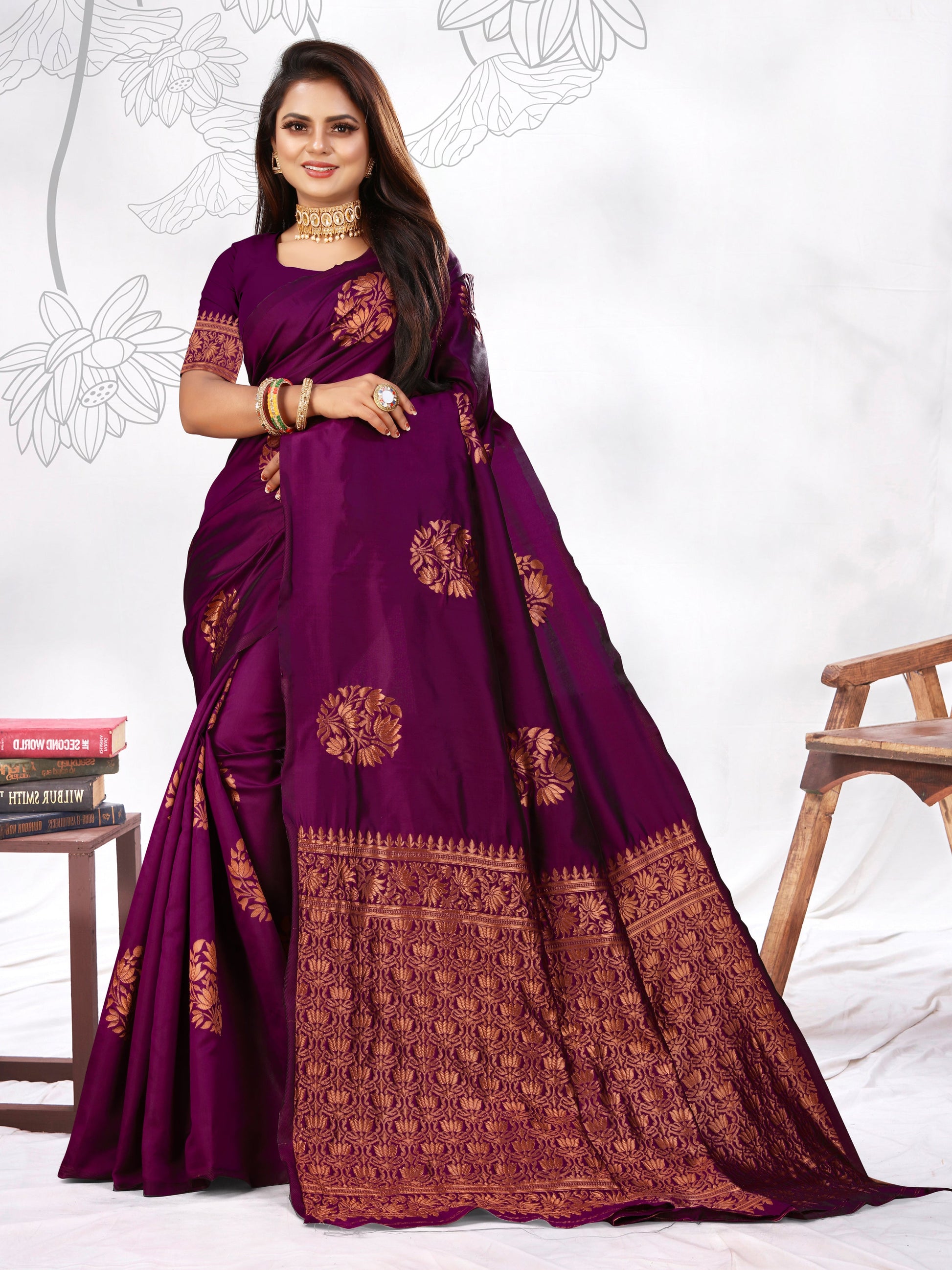Vedant Vastram Litchi Silk Designer Banarasi Saree - Wine | Swadesiicart
