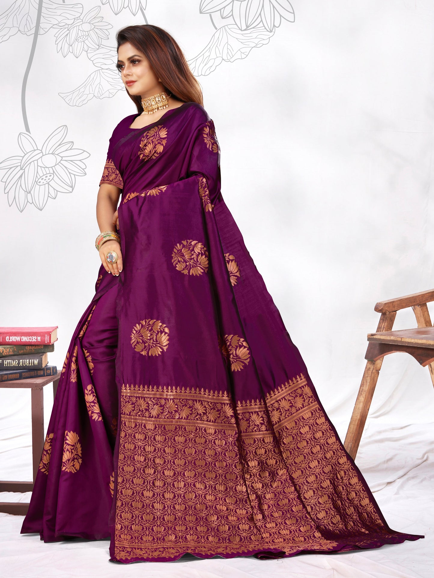 Vedant Vastram Litchi Silk Designer Banarasi Saree - Wine | Swadesiicart