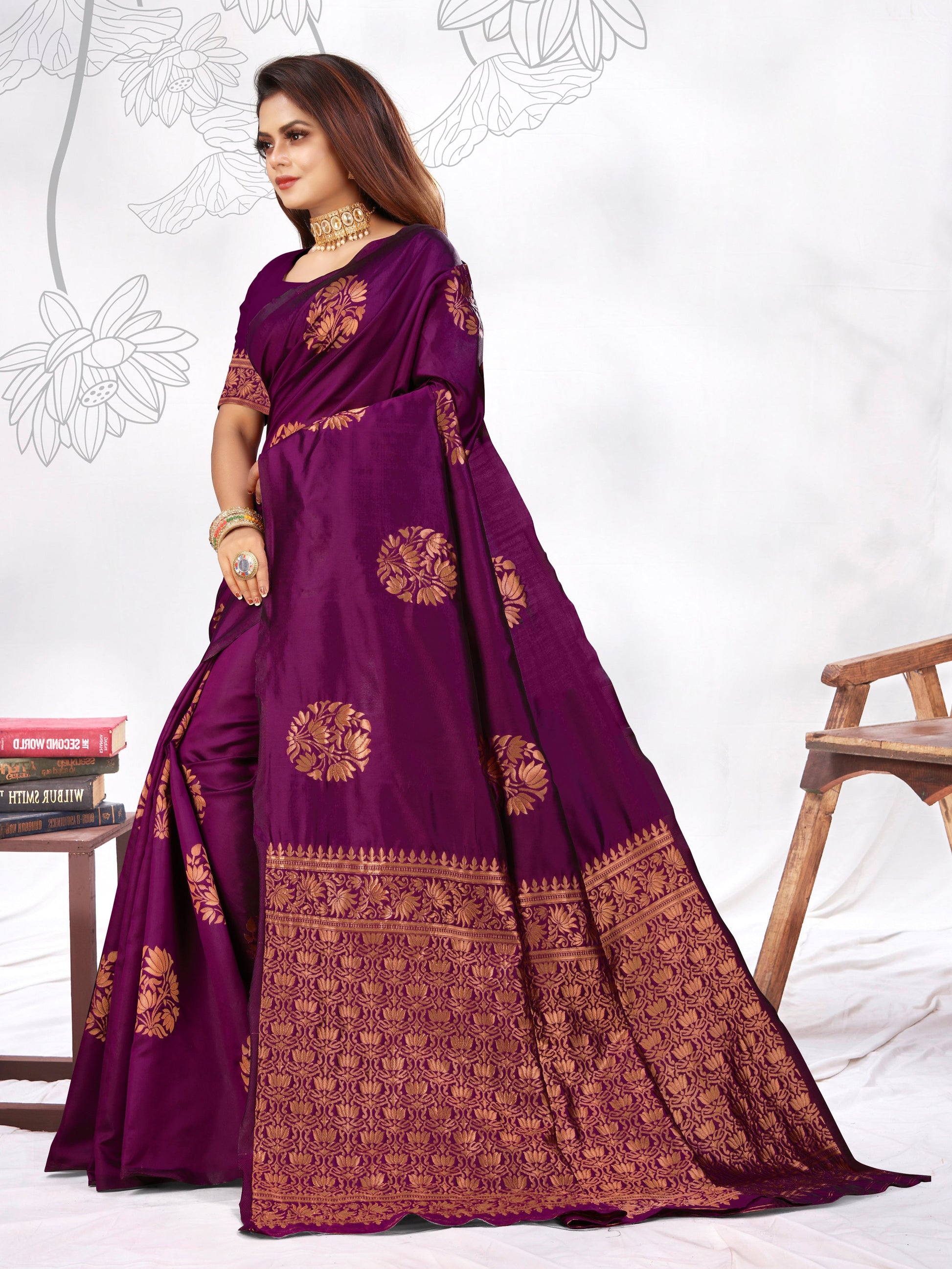 Vedant Vastram Litchi Silk Designer Banarasi Saree - Wine | Swadesiicart