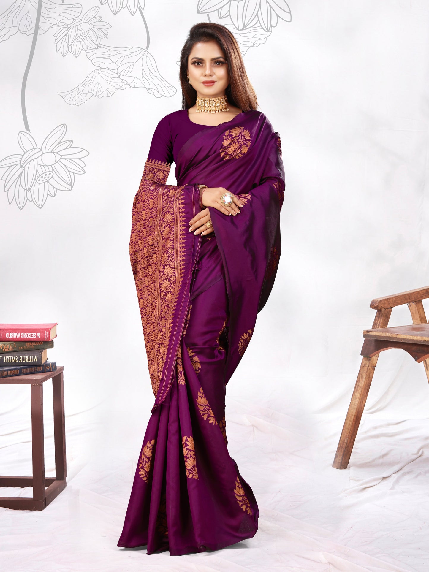 Vedant Vastram Litchi Silk Designer Banarasi Saree - Wine | Swadesiicart