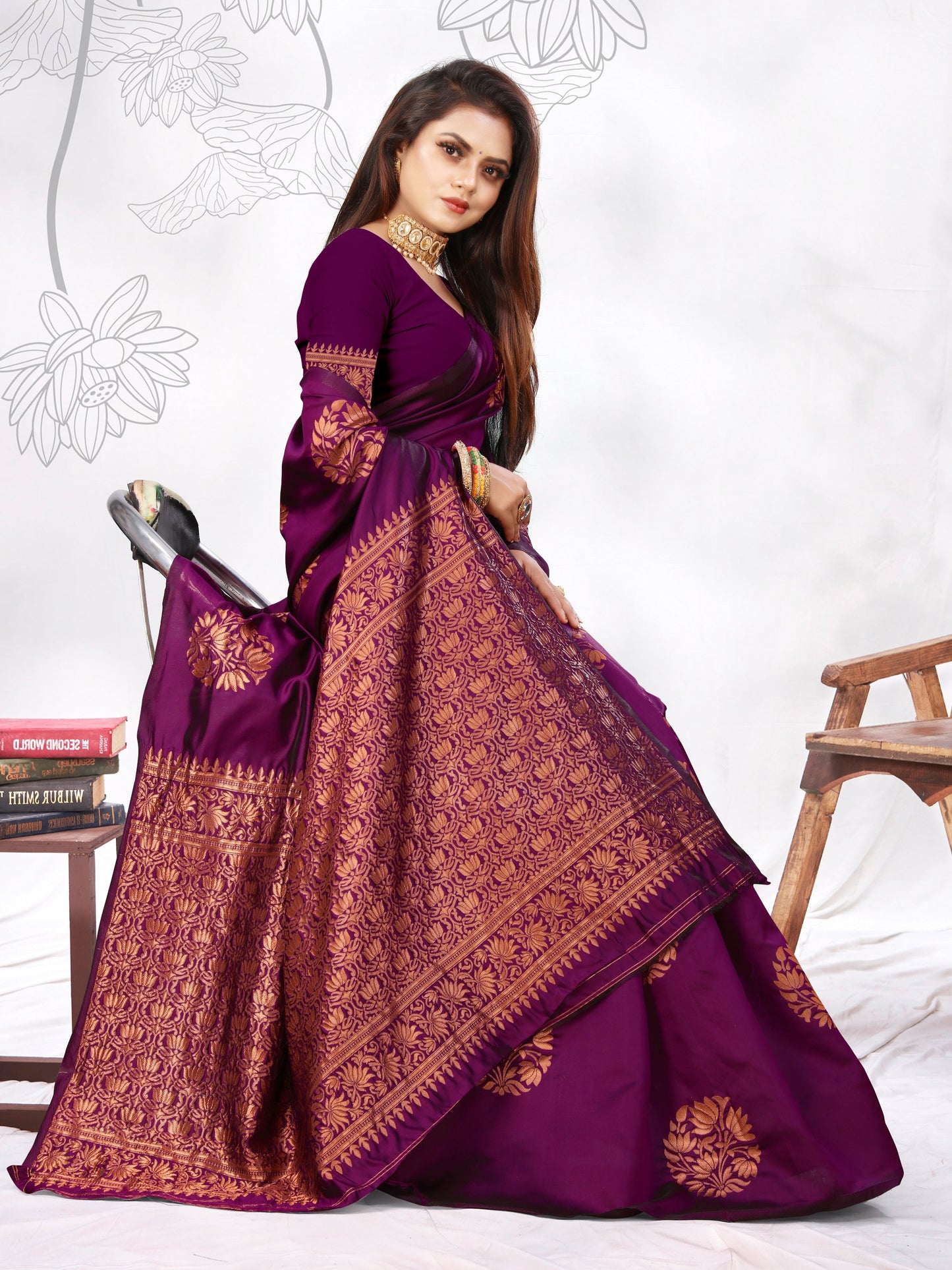 Vedant Vastram Litchi Silk Designer Banarasi Saree - Wine | Swadesiicart