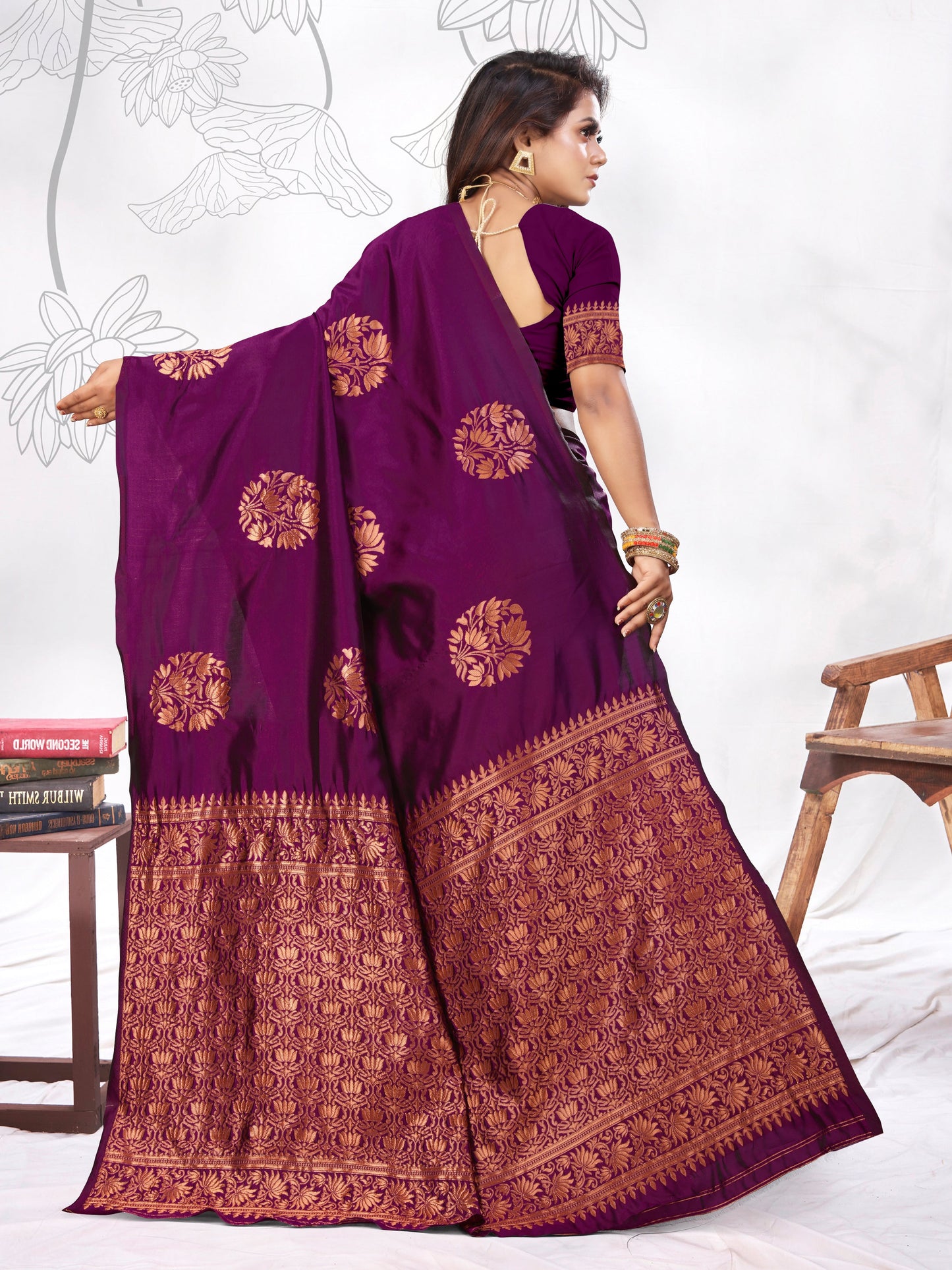 Vedant Vastram Litchi Silk Designer Banarasi Saree - Wine | Swadesiicart
