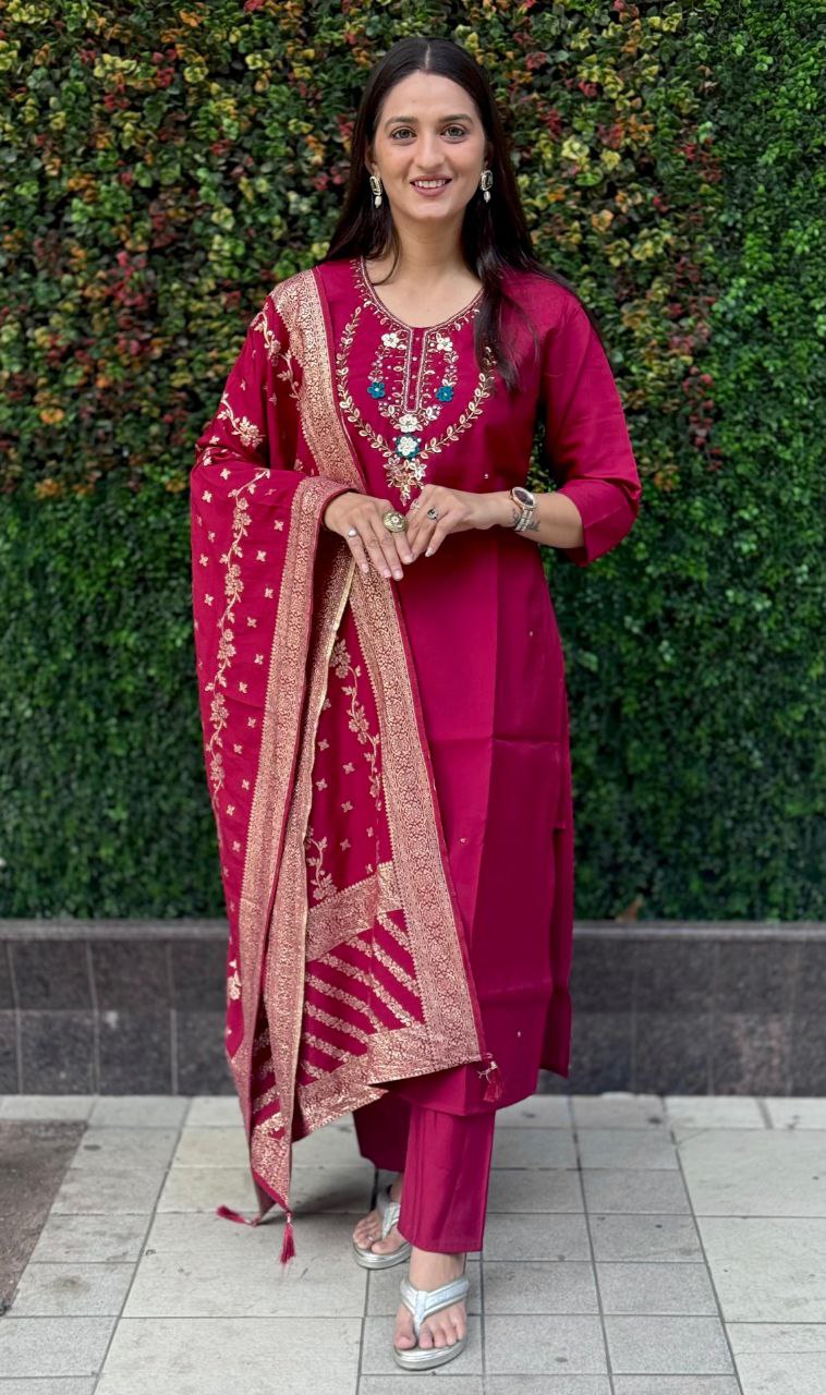 Lorenvalley Fashion Maroon Roman Silk Hand Work Kurta Pant with Dupatta - Swadesiicart