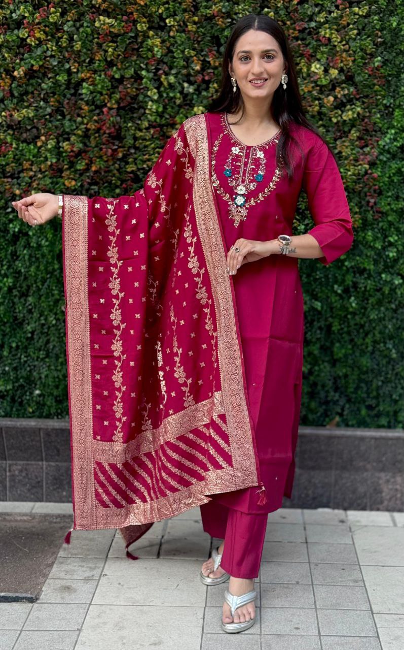 Lorenvalley Fashion Maroon Roman Silk Hand Work Kurta Pant with Dupatta - Swadesiicart