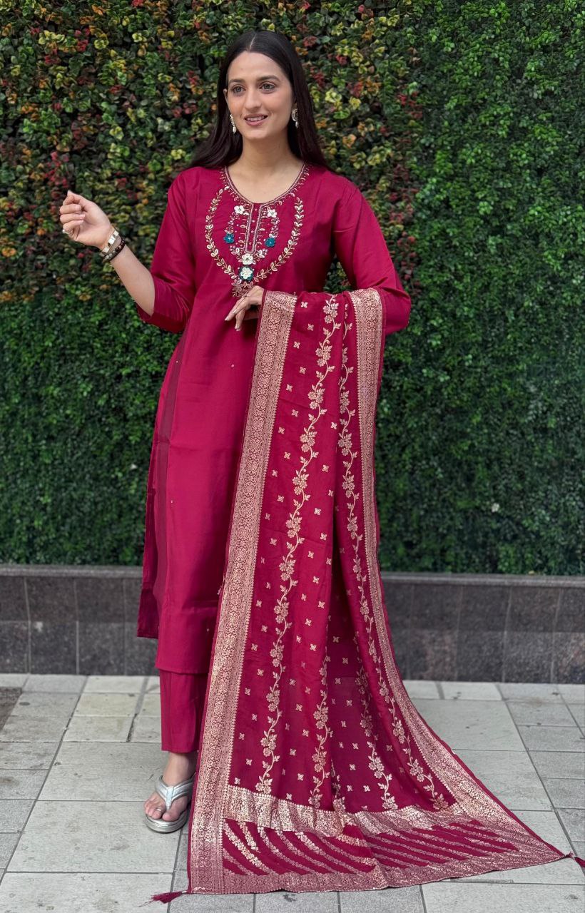 Lorenvalley Fashion Maroon Roman Silk Hand Work Kurta Pant with Dupatta - Swadesiicart