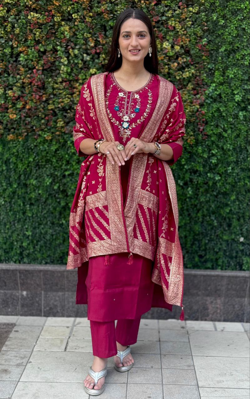 Lorenvalley Fashion Maroon Roman Silk Hand Work Kurta Pant with Dupatta - Swadesiicart