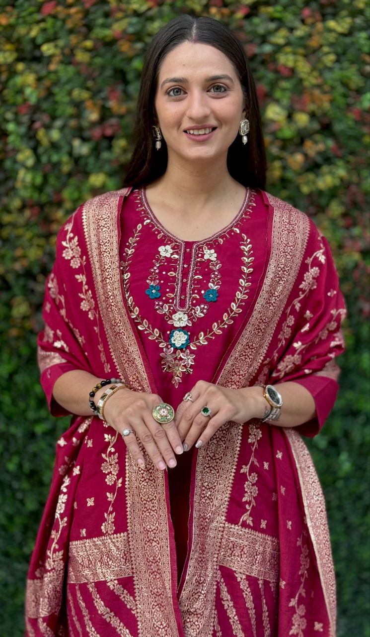 Lorenvalley Fashion Maroon Roman Silk Hand Work Kurta Pant with Dupatta - Swadesiicart