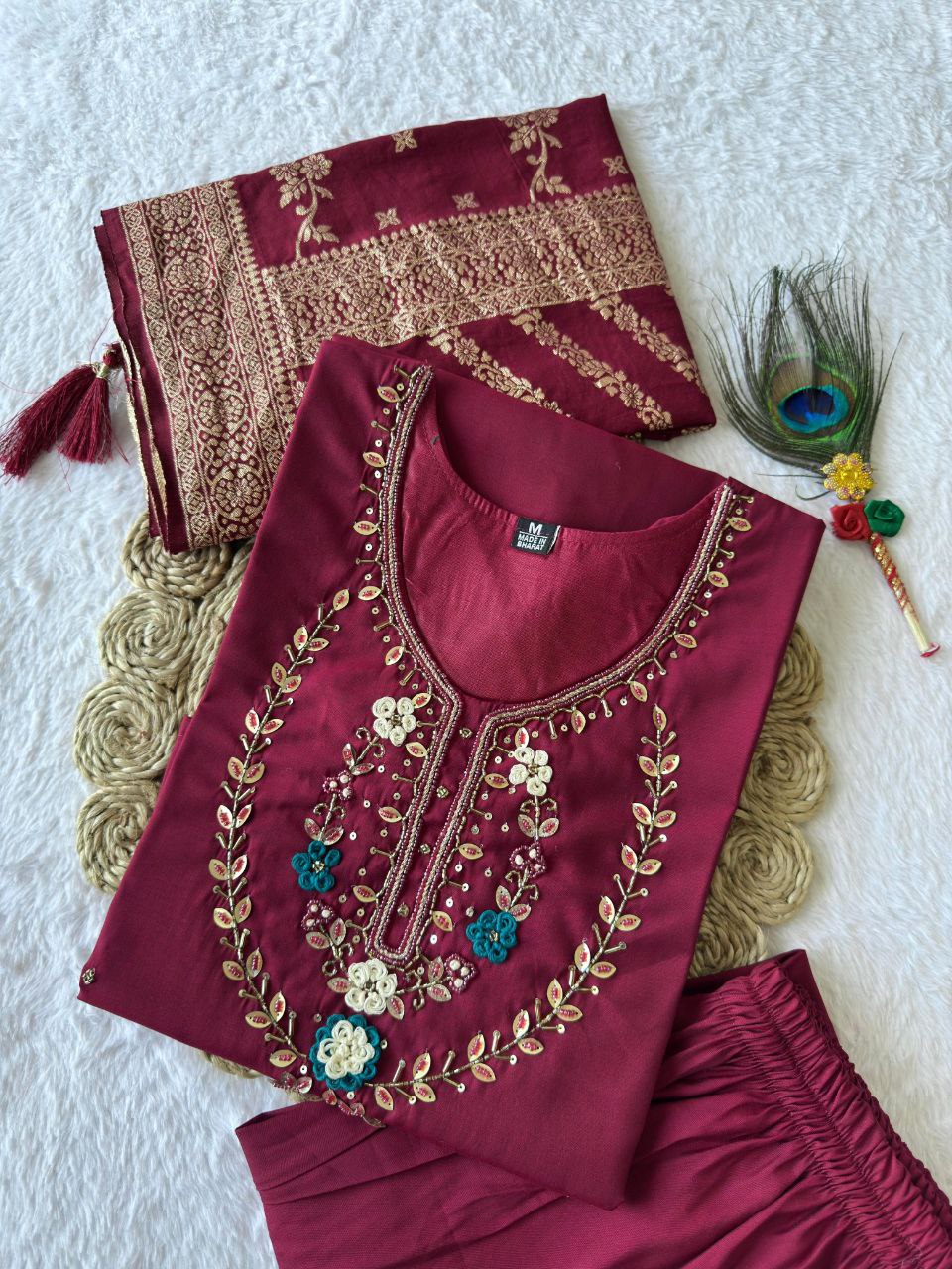 Lorenvalley Fashion Maroon Roman Silk Hand Work Kurta Pant with Dupatta - Swadesiicart