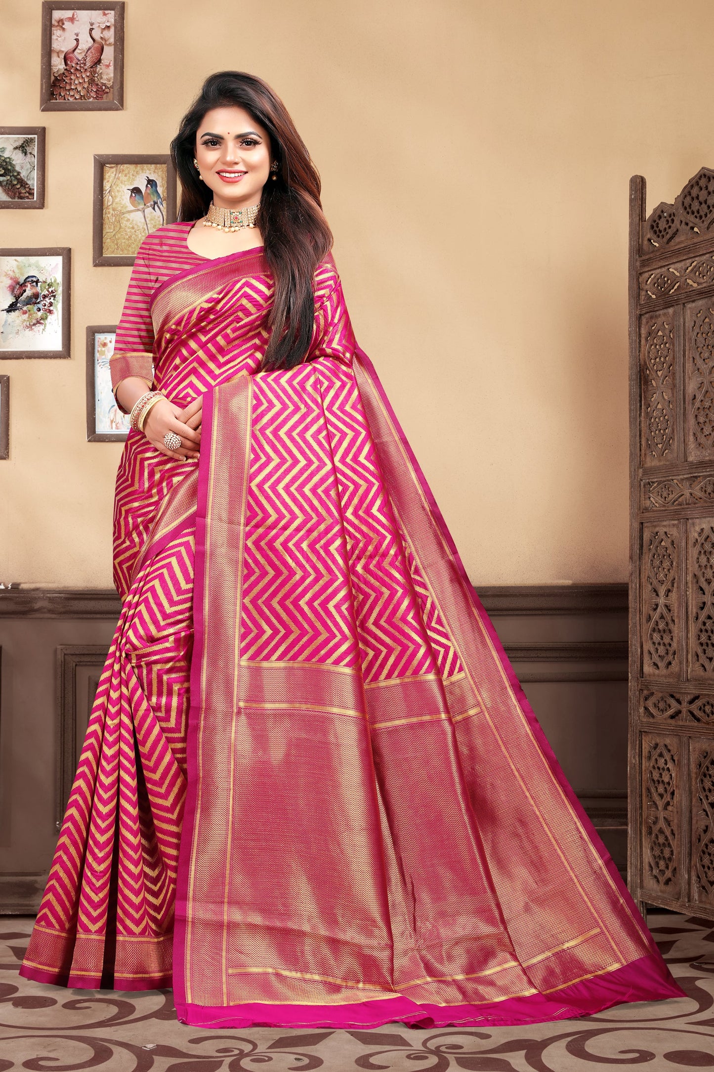 Vedant Vastram Litchi Silk Designer Banarasi Saree - Magenta | Swadesiicart