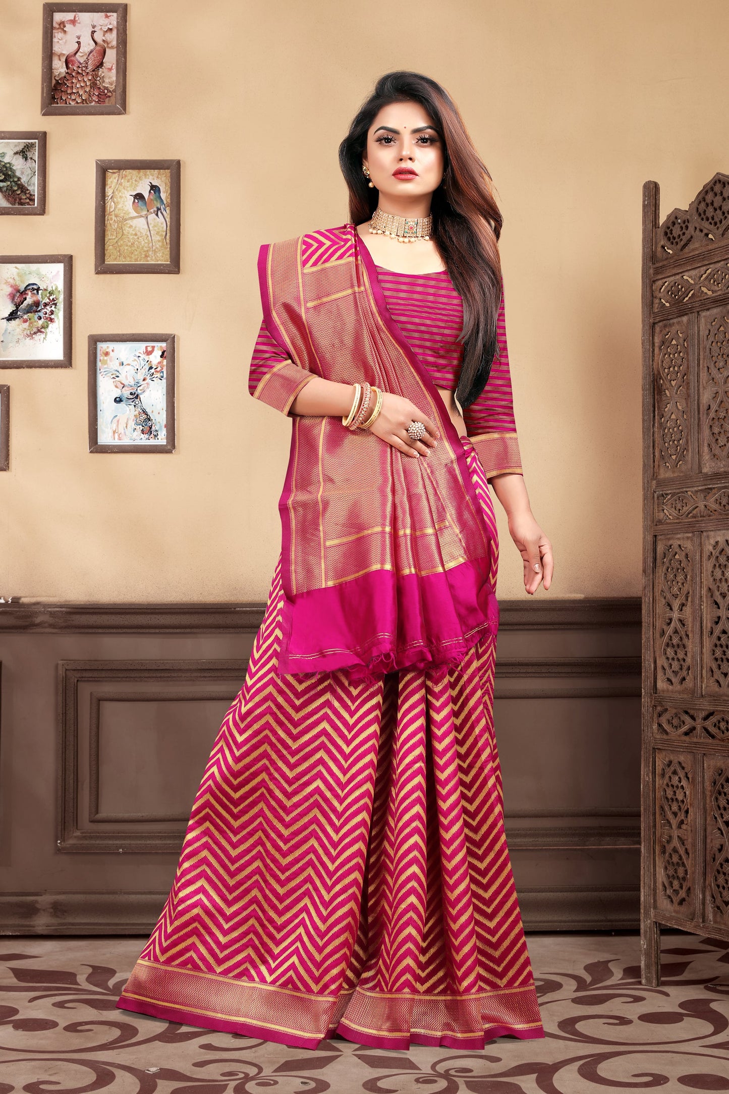Vedant Vastram Litchi Silk Designer Banarasi Saree - Magenta | Swadesiicart