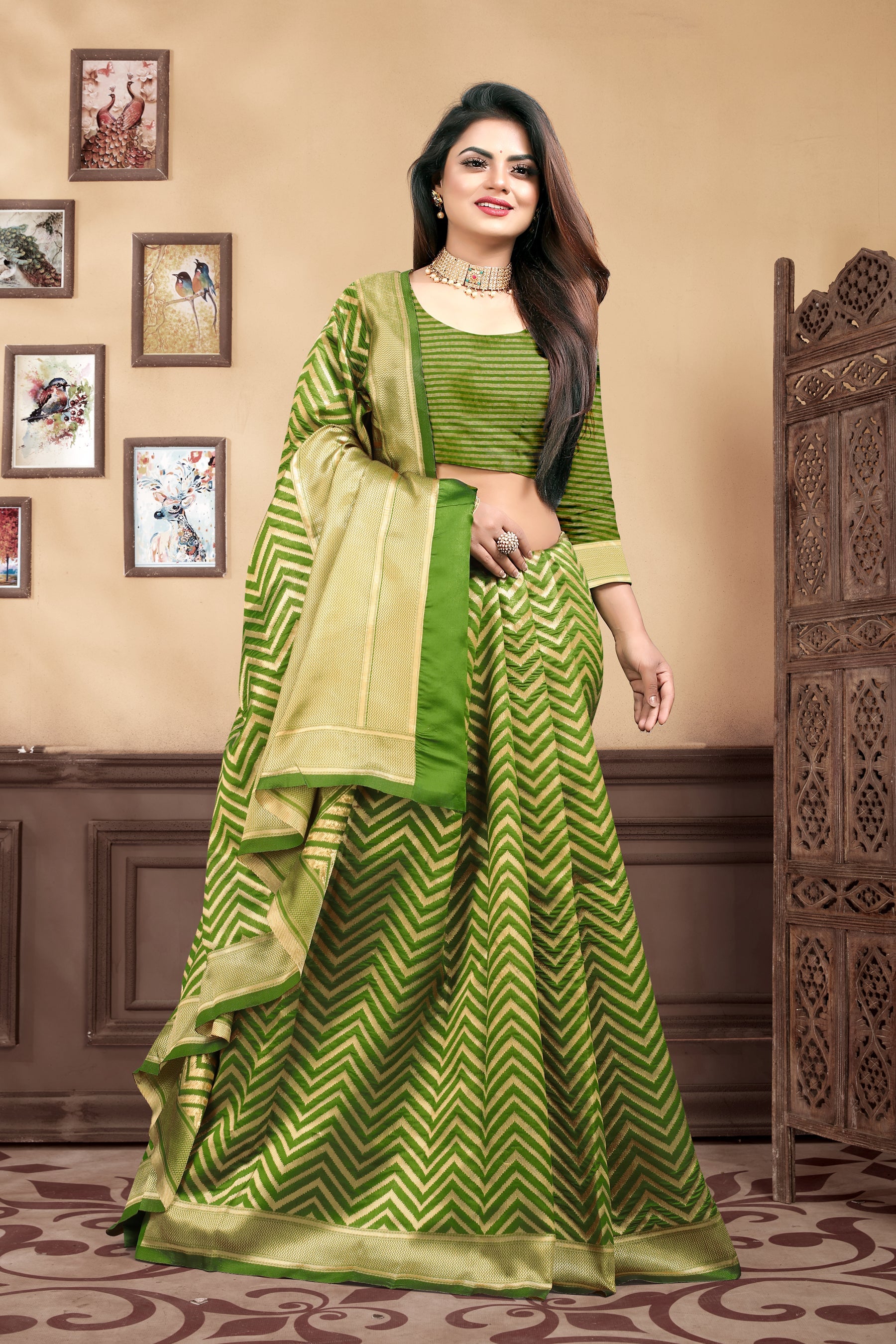 Vedant Vastram Litchi Silk Designer Banarasi Saree - Mehndi | Swadesiicart