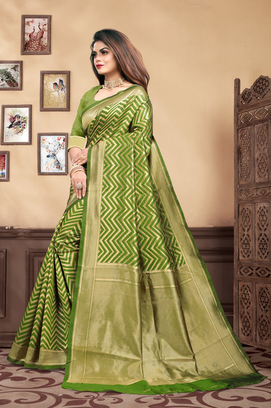 Vedant Vastram Litchi Silk Designer Banarasi Saree - Mehndi | Swadesiicart