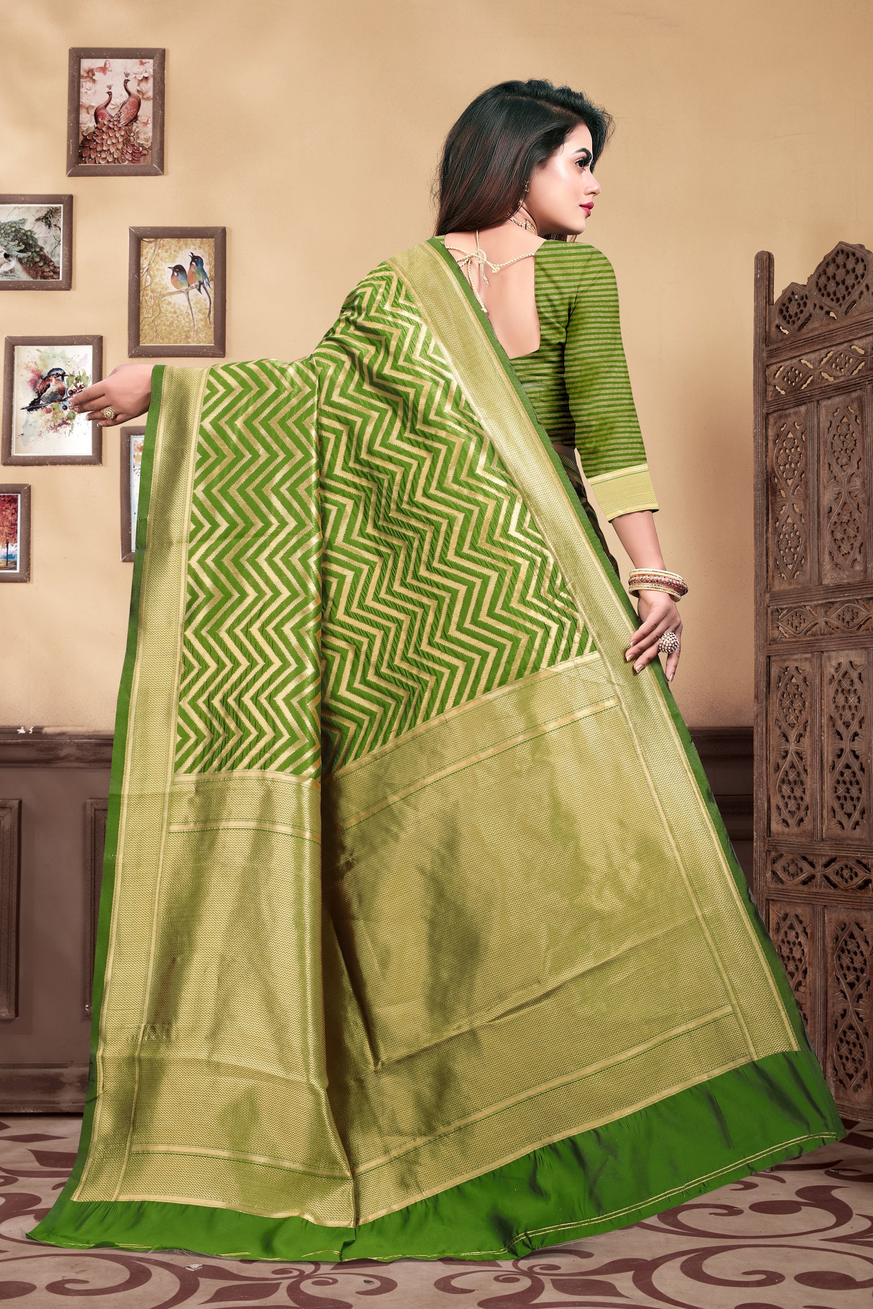 Vedant Vastram Litchi Silk Designer Banarasi Saree - Mehndi | Swadesiicart