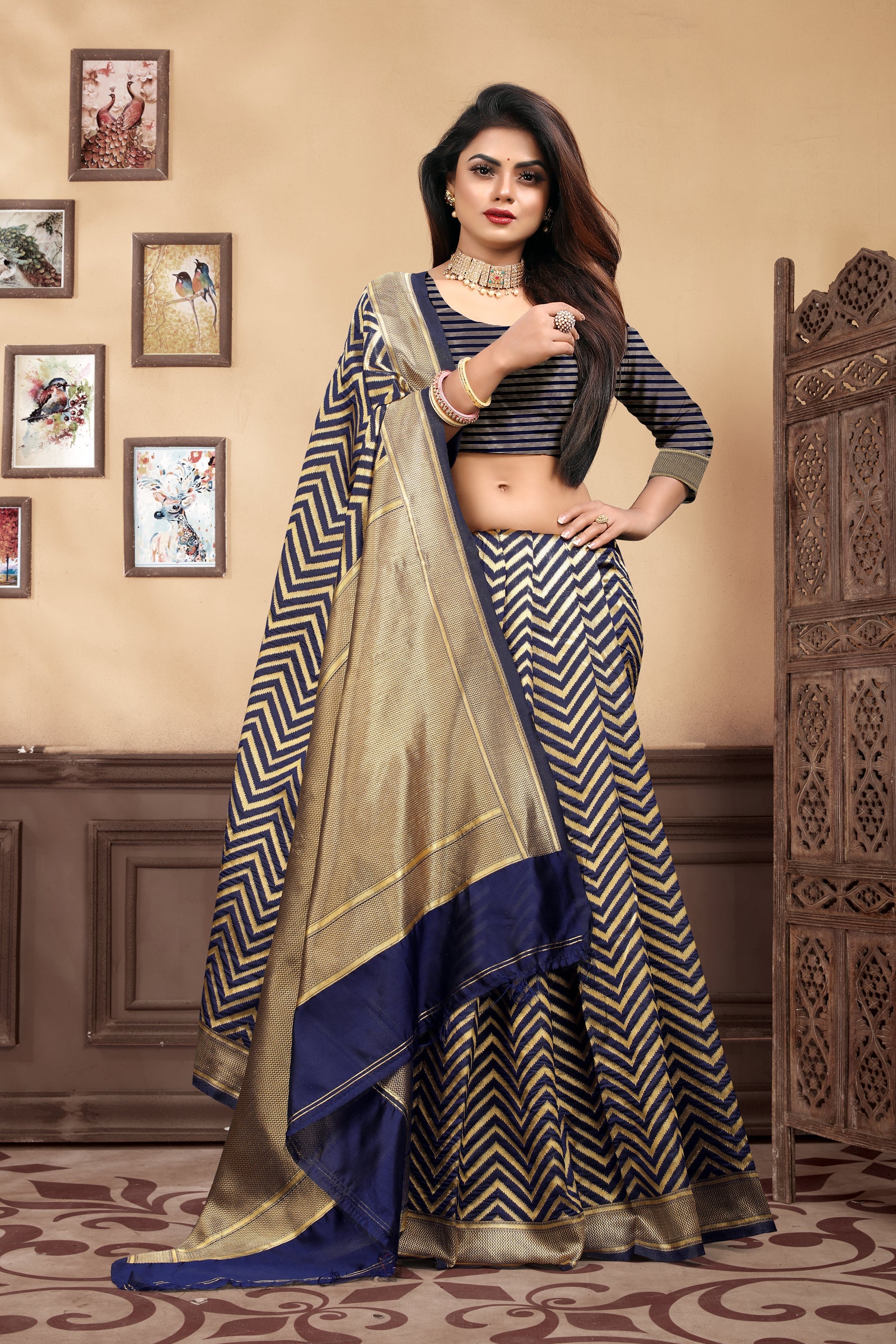 Vedant Vastram Litchi Silk Designer Banarasi Saree - Navy Blue | Swadesiicart