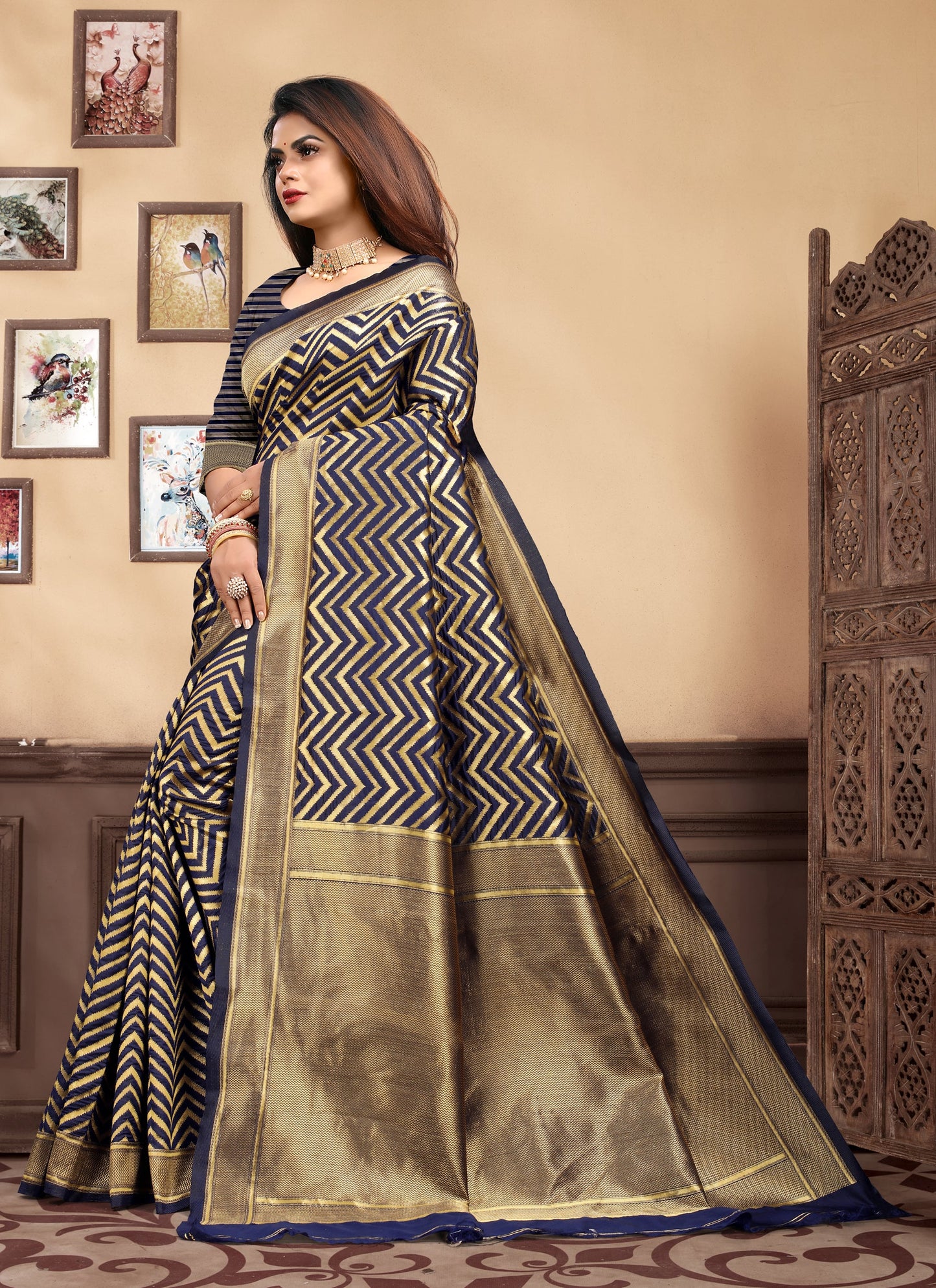 Vedant Vastram Litchi Silk Designer Banarasi Saree - Navy Blue | Swadesiicart