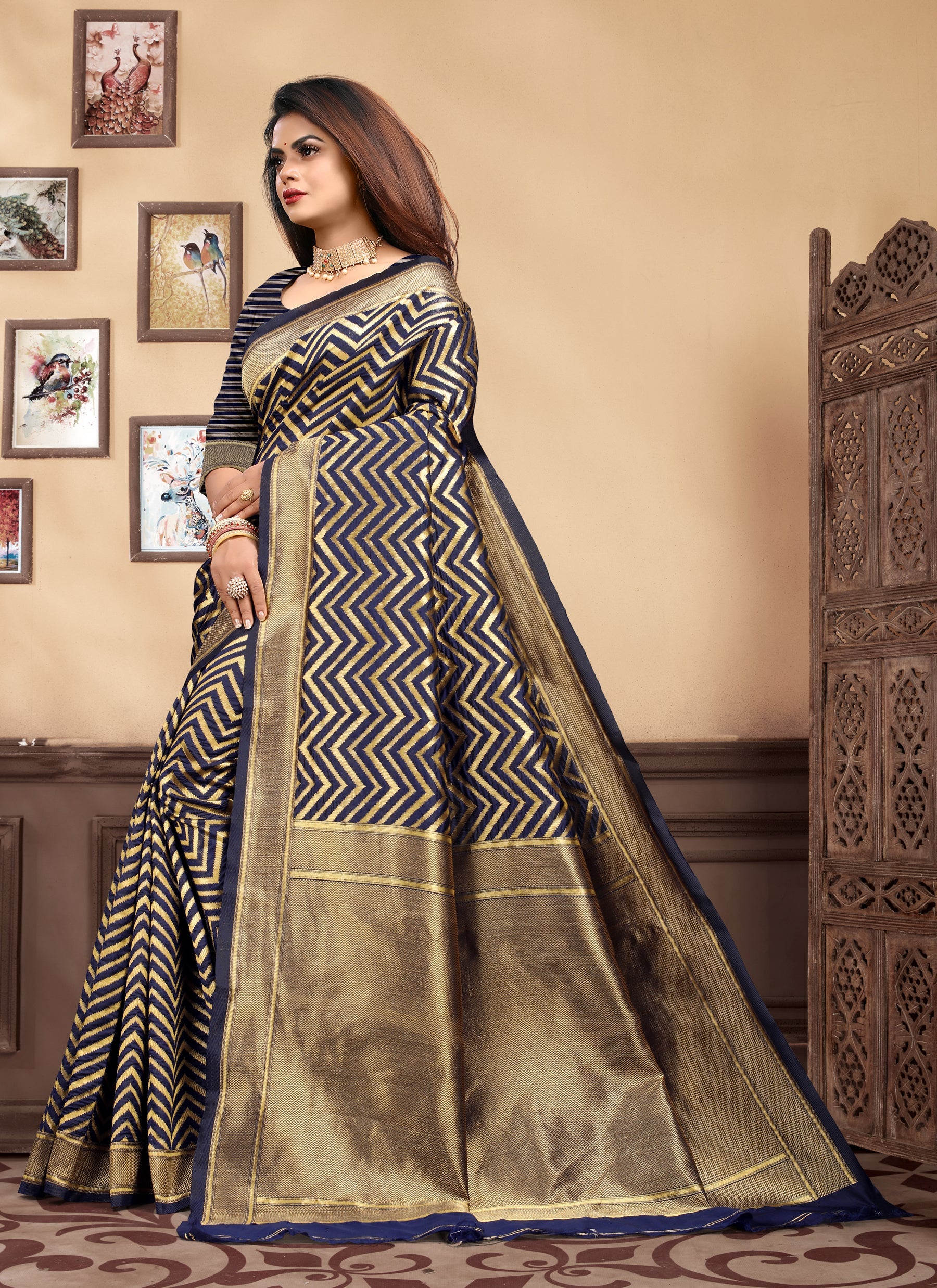 Vedant Vastram Litchi Silk Designer Banarasi Saree - Navy Blue | Swadesiicart