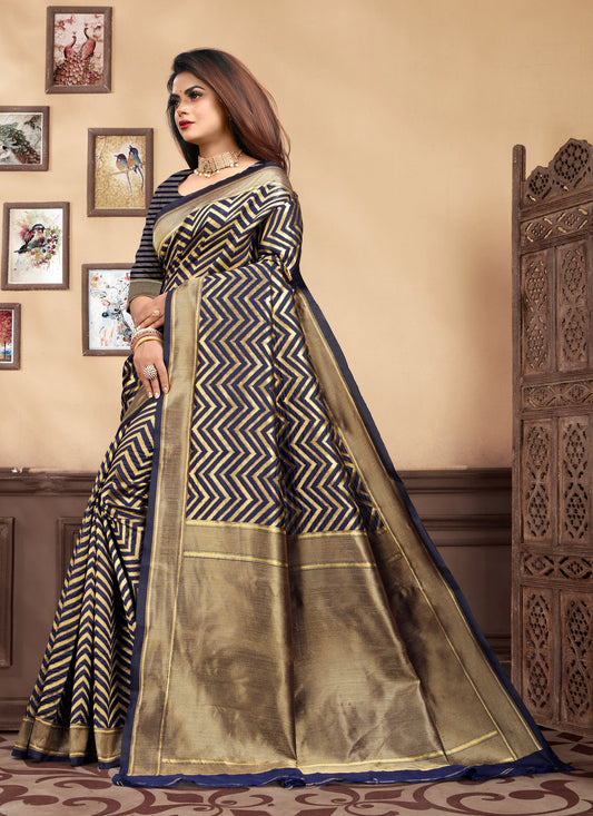 Vedant Vastram Litchi Silk Designer Banarasi Saree - Navy Blue | Swadesiicart