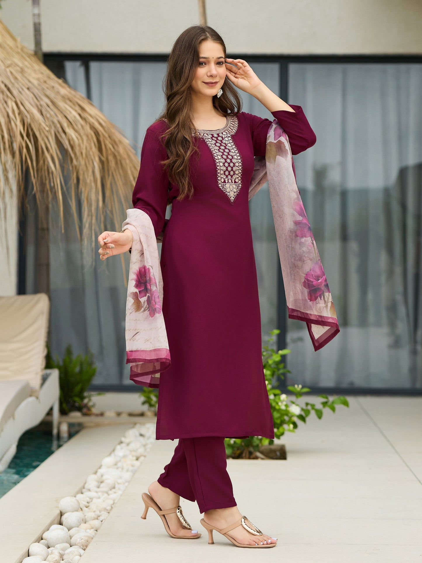 The52 Women's Gorgeous Rayon Embroidery Straight Kurta with Pant And Dupatta Set - Swadesiicart
