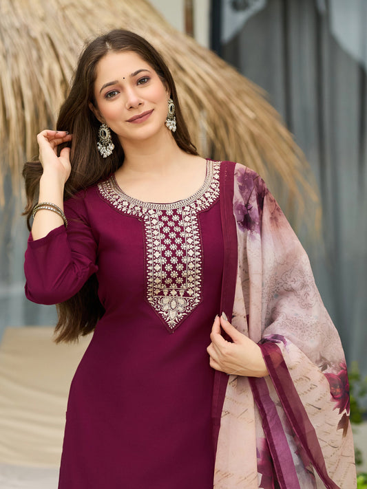 The52 Women's Gorgeous Rayon Embroidery Straight Kurta with Pant And Dupatta Set - Swadesiicart