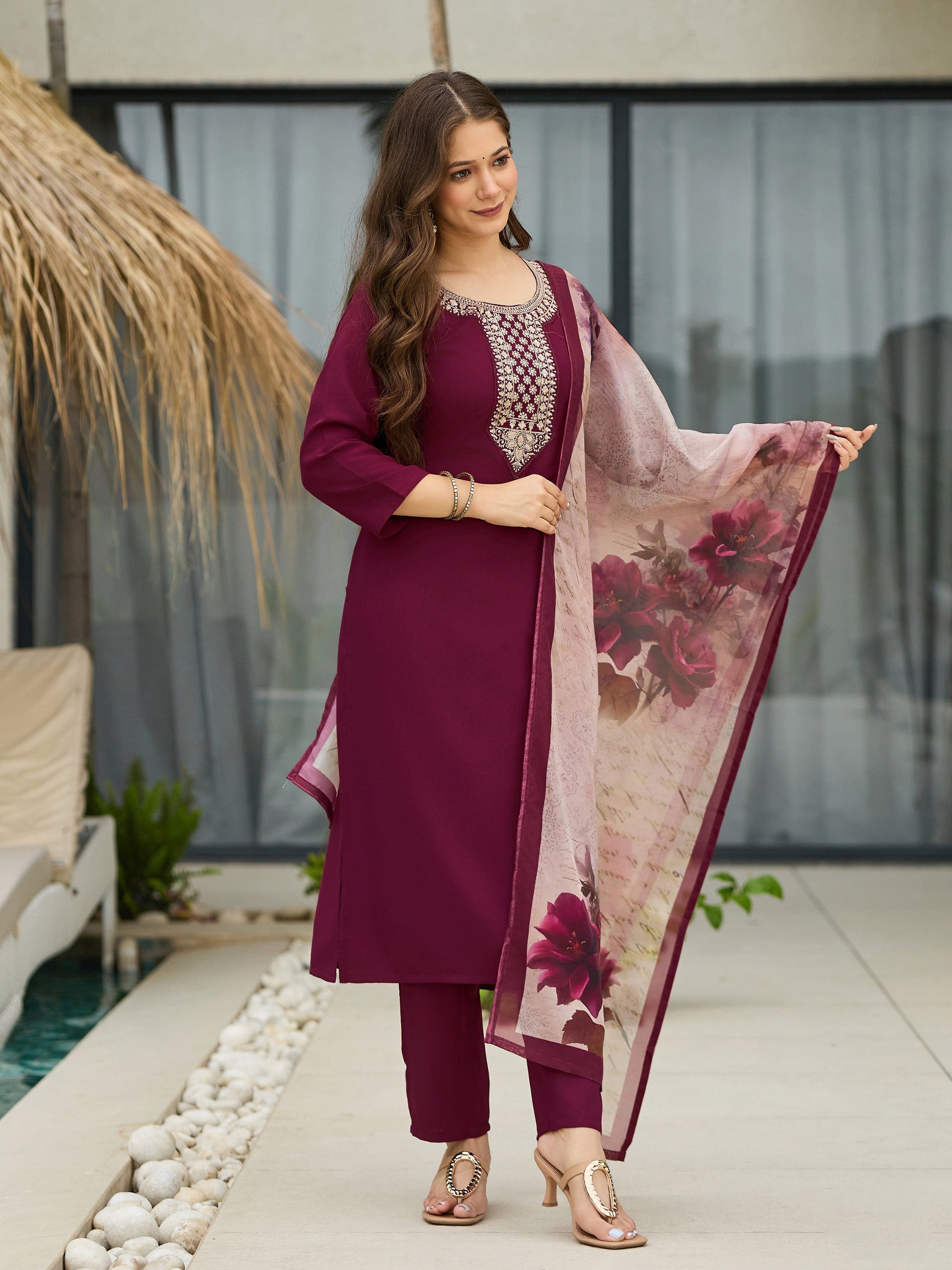 The52 Women's Gorgeous Rayon Embroidery Straight Kurta with Pant And Dupatta Set - Swadesiicart