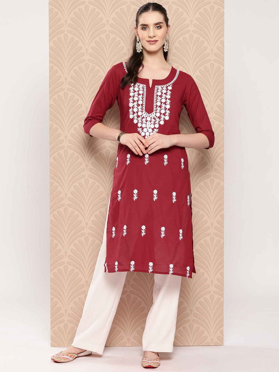 Yufta Maroon Floral Embroidered Pure Cotton Kurta - Swadesiicart
