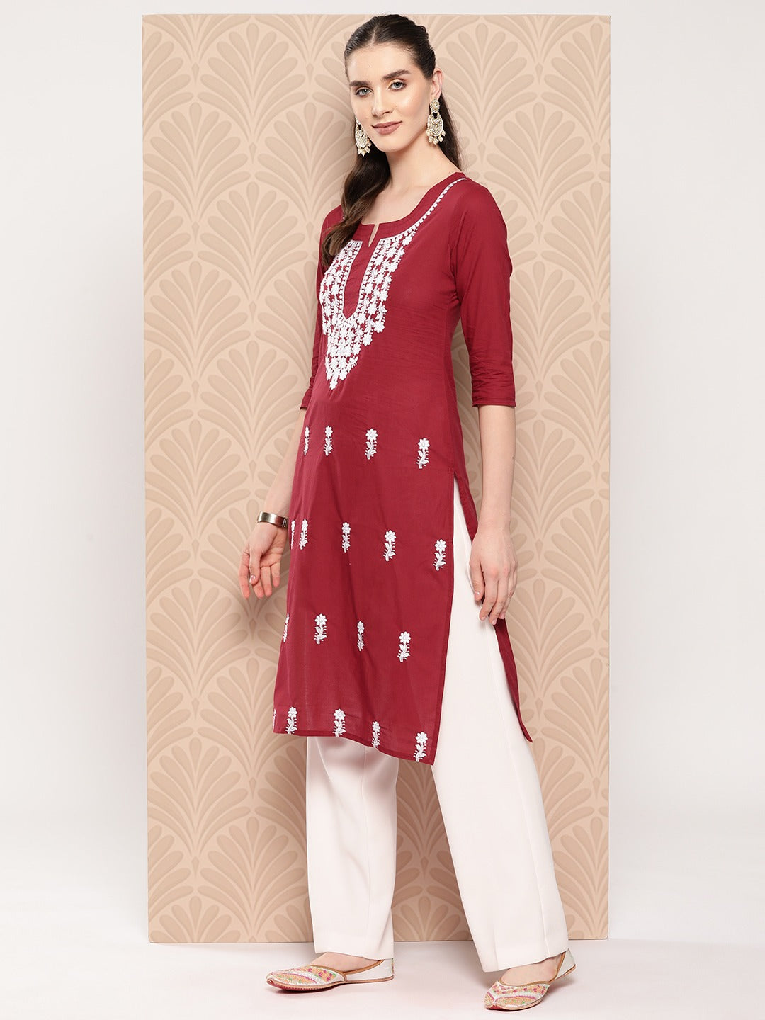 Yufta Maroon Floral Embroidered Pure Cotton Kurta - Swadesiicart