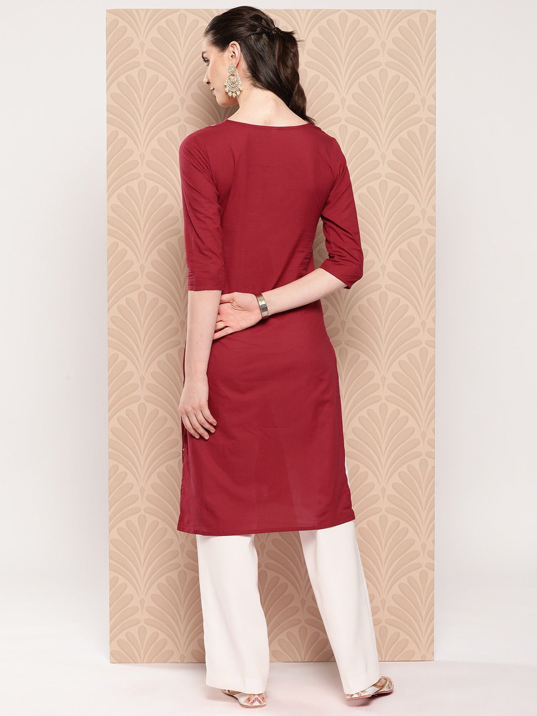 Yufta Maroon Floral Embroidered Pure Cotton Kurta - Swadesiicart