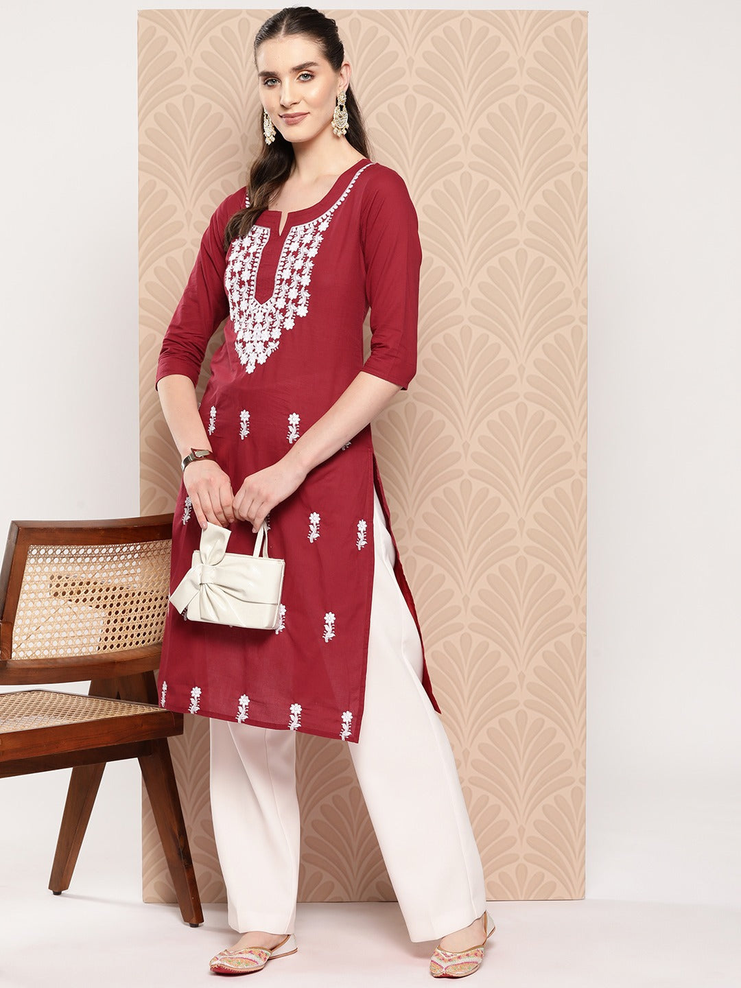 Yufta Maroon Floral Embroidered Pure Cotton Kurta - Swadesiicart