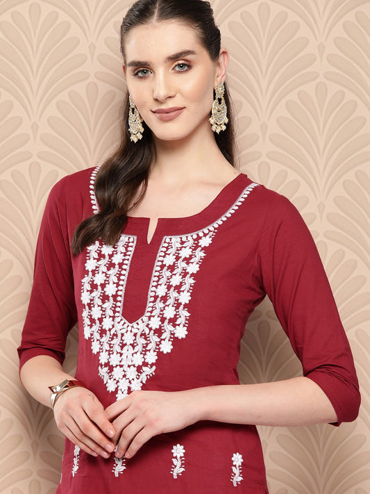 Yufta Maroon Floral Embroidered Pure Cotton Kurta - Swadesiicart
