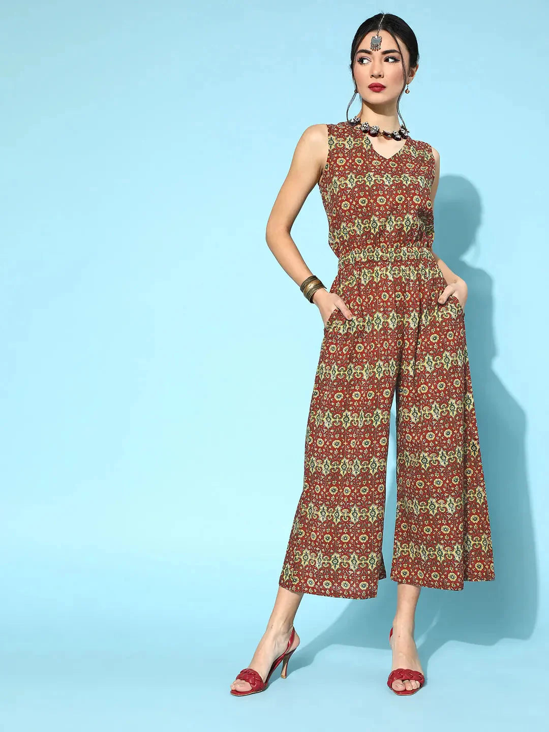 Yufta Maroon Printed Jumpsuit - Swadesiicart