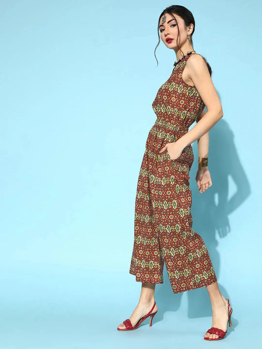 Yufta Maroon Printed Jumpsuit - Swadesiicart