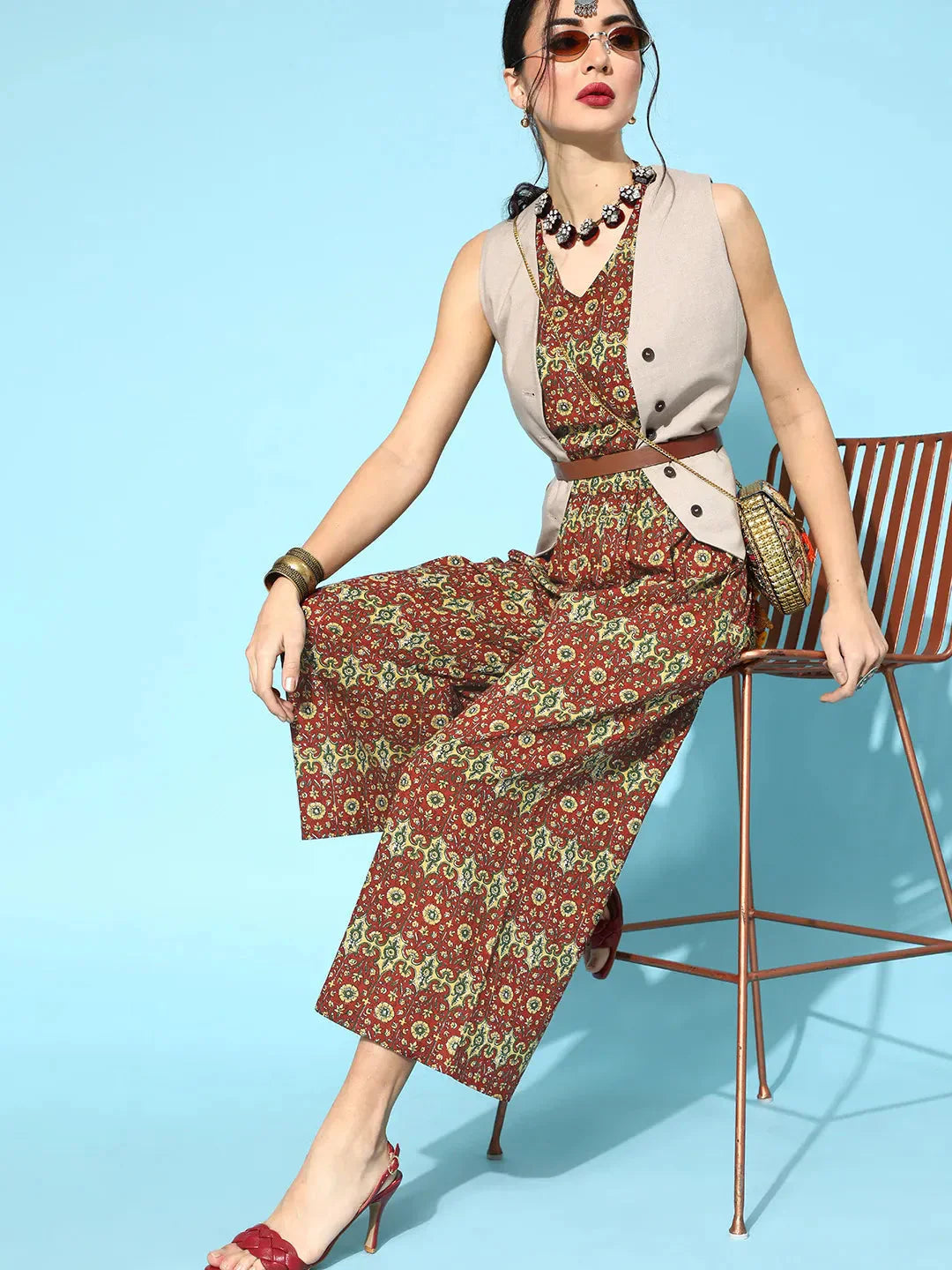 Yufta Maroon Printed Jumpsuit - Swadesiicart